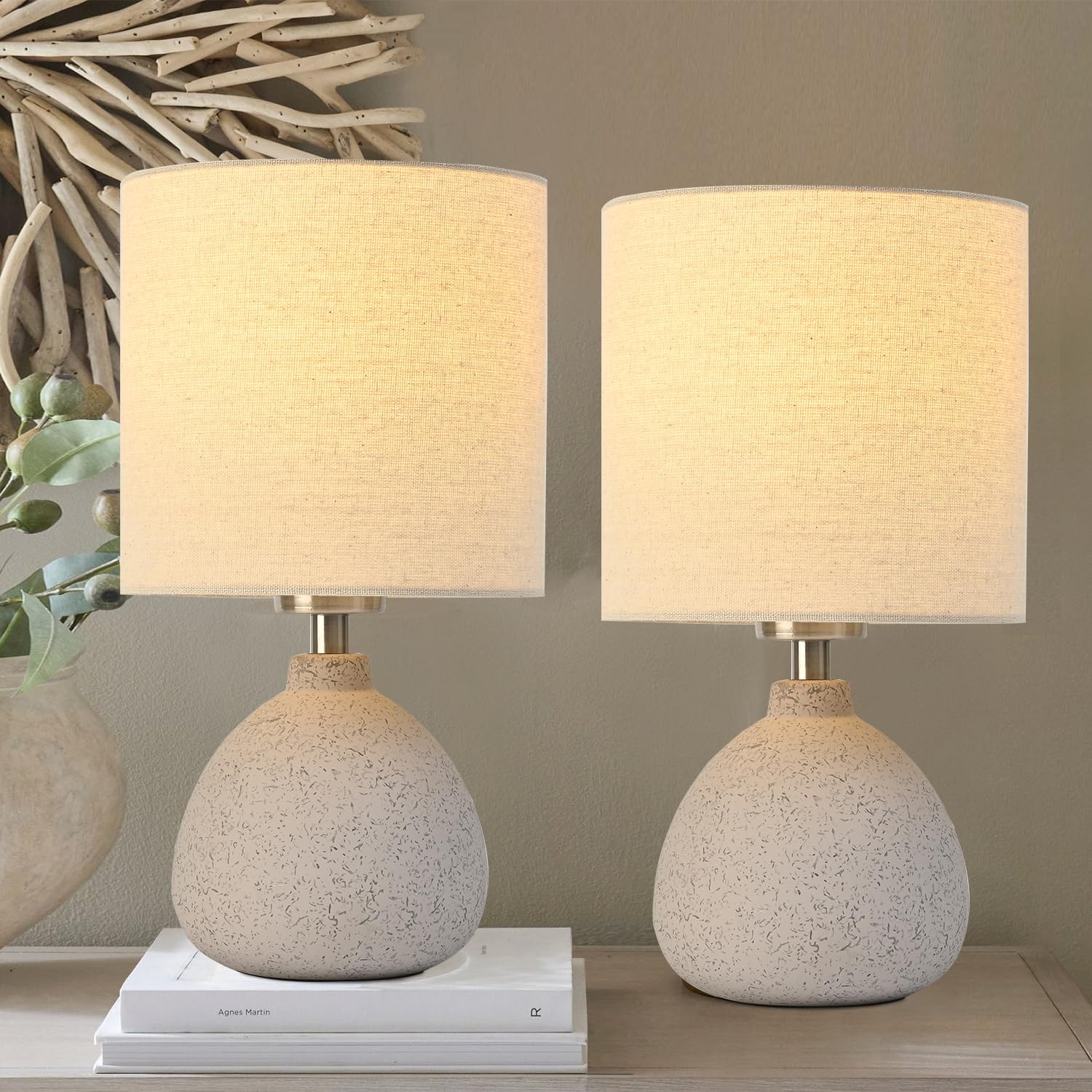 Earth Brown Rustic Ceramic Table Lamp Set of 2, Small Table Lamp Farmhouse Rustic Lamp Set Bedside Table Lamps for Bedroom Night