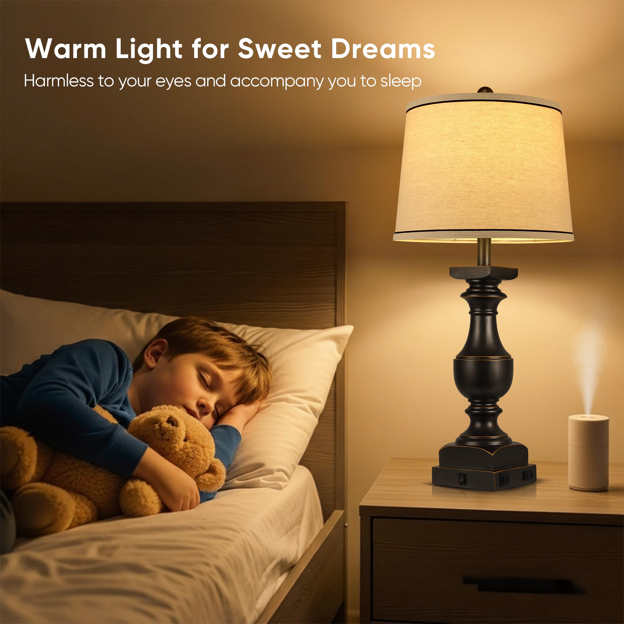 WIHTU Bedside Lamps Set of 2, 28in  Black Gold Table Lamps with USB Ports, Linen Shades, Model WTLP498AB2