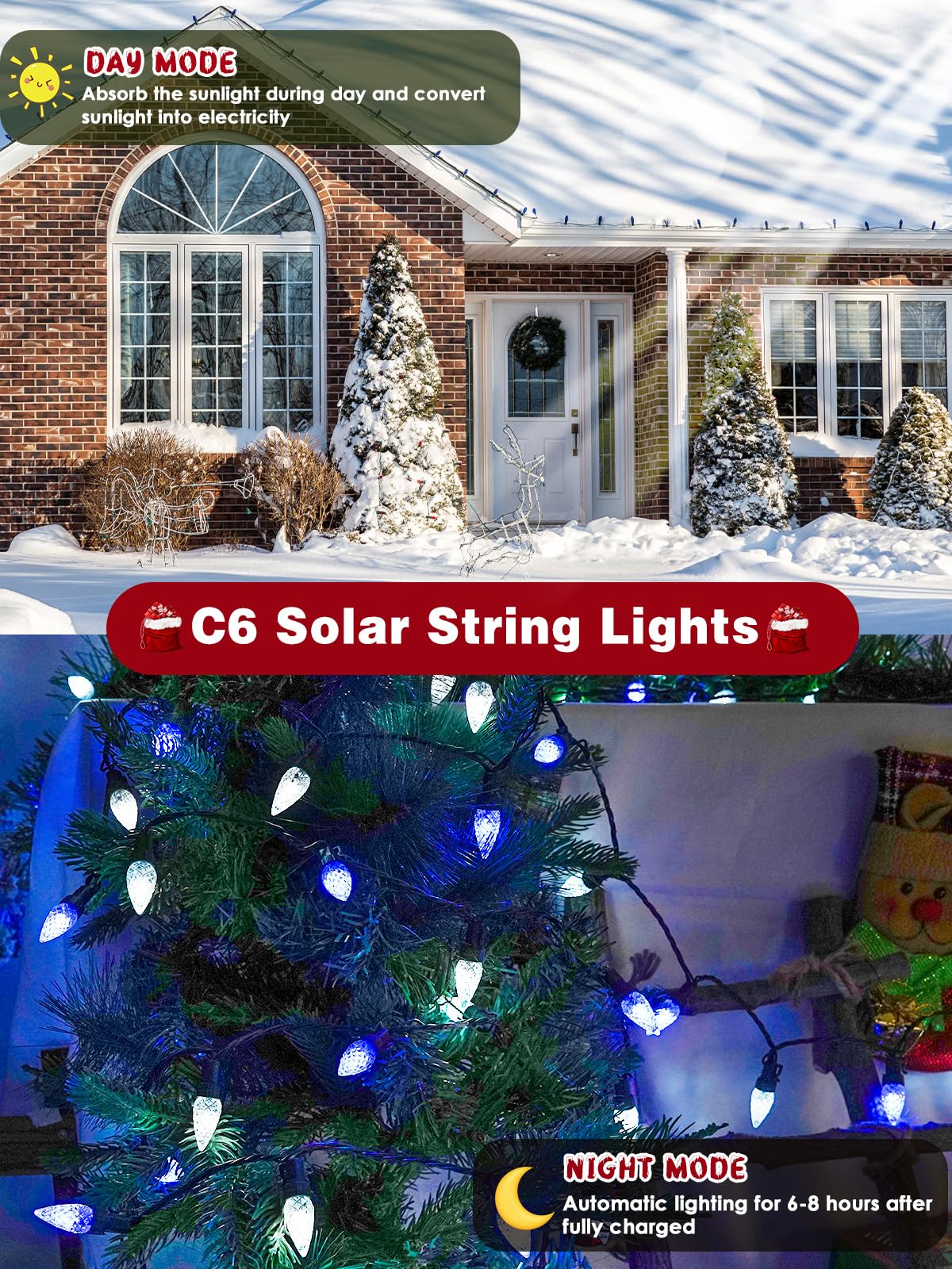 C6 Solar Christmas Lights Outdoor  50 Led 16Ft Christmas Decorations Outdoor Waterproof  Solar String Lights For Outside With 8 Modes  Fairy Twinkle Light For Tree Garden Xmas Decor (White And Blue)