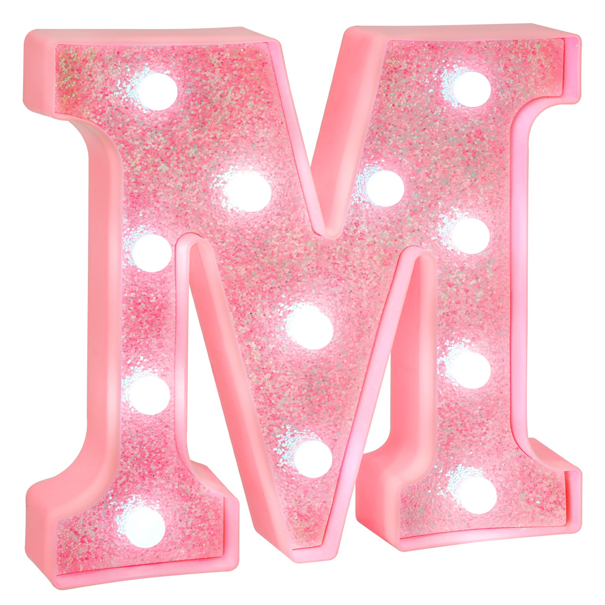 EUFONY Pink Glitter LED Marquee Light Up Letter M with Cool White Lights, Battery-Powered Alphabet Letter Sign for Girls Gift, B