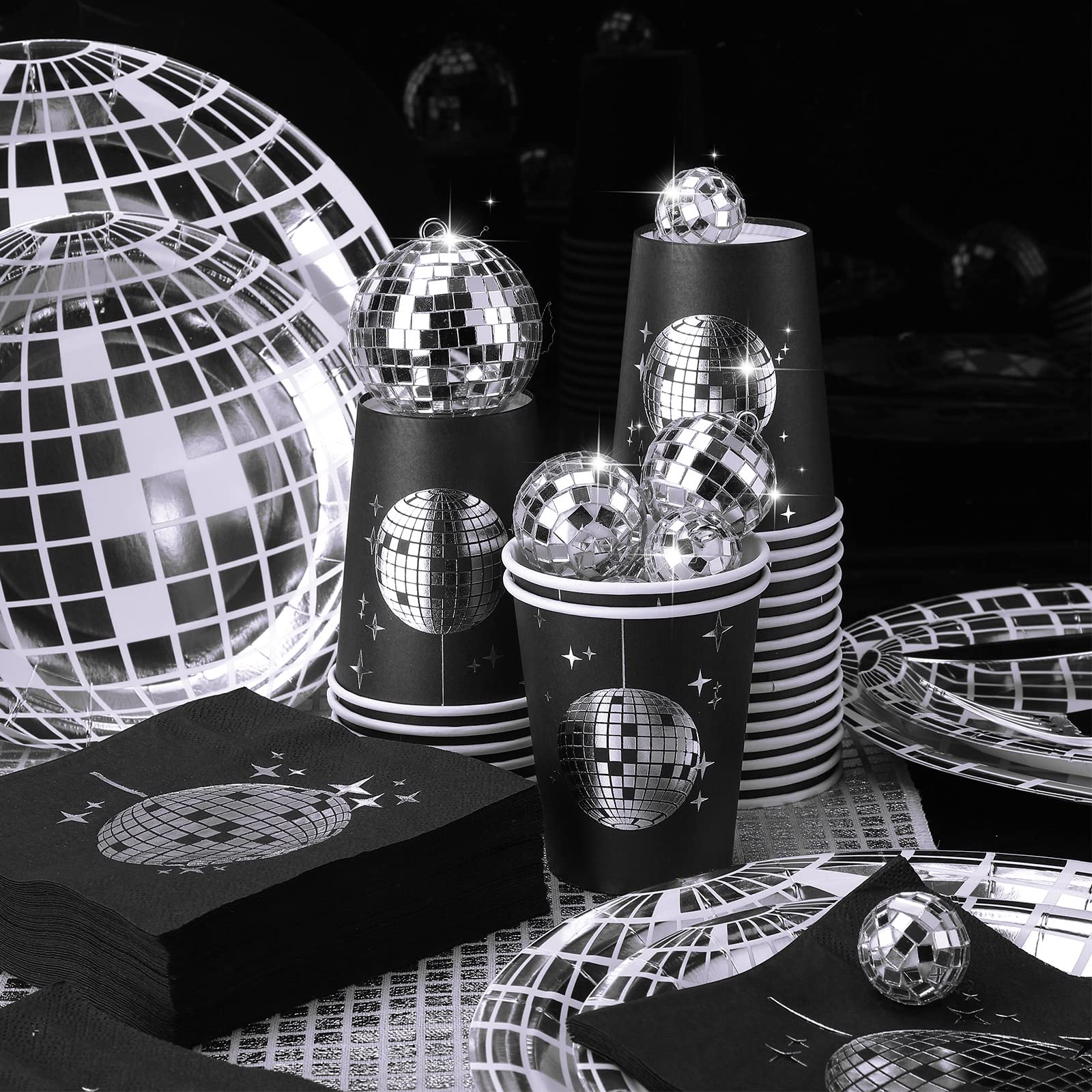 Marsui Disco Party Decor Set - 121 Pcs with 25 Disco Balls, Paper Plates, Cups, Napkins, Table Runner - Black & Silver