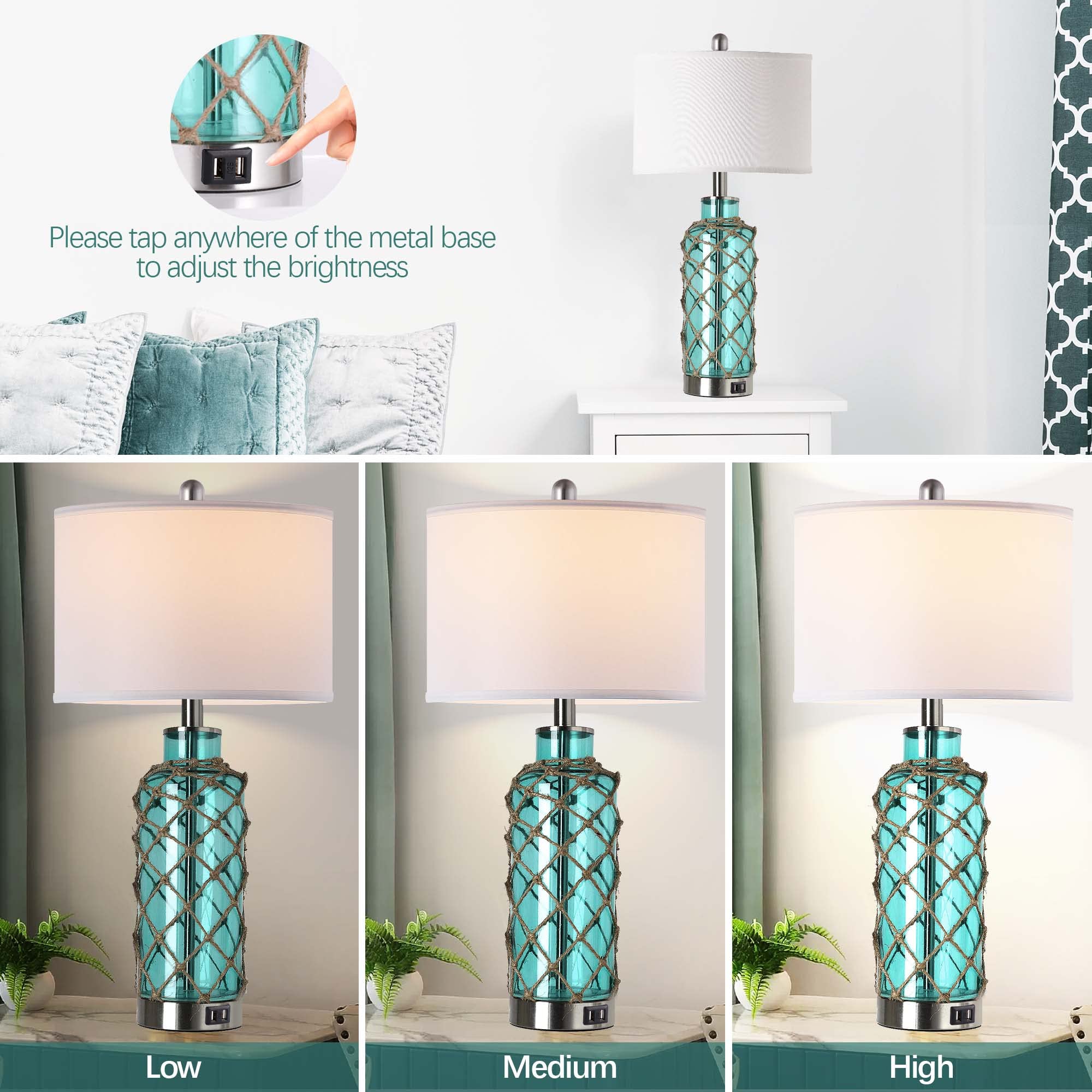 PARTPHONER Cottage Nautical Accent Table Lamp Set of 2, Touch Control, 3-Way Dimmable, Blue Green Glass, USB Ports, Model LED0977