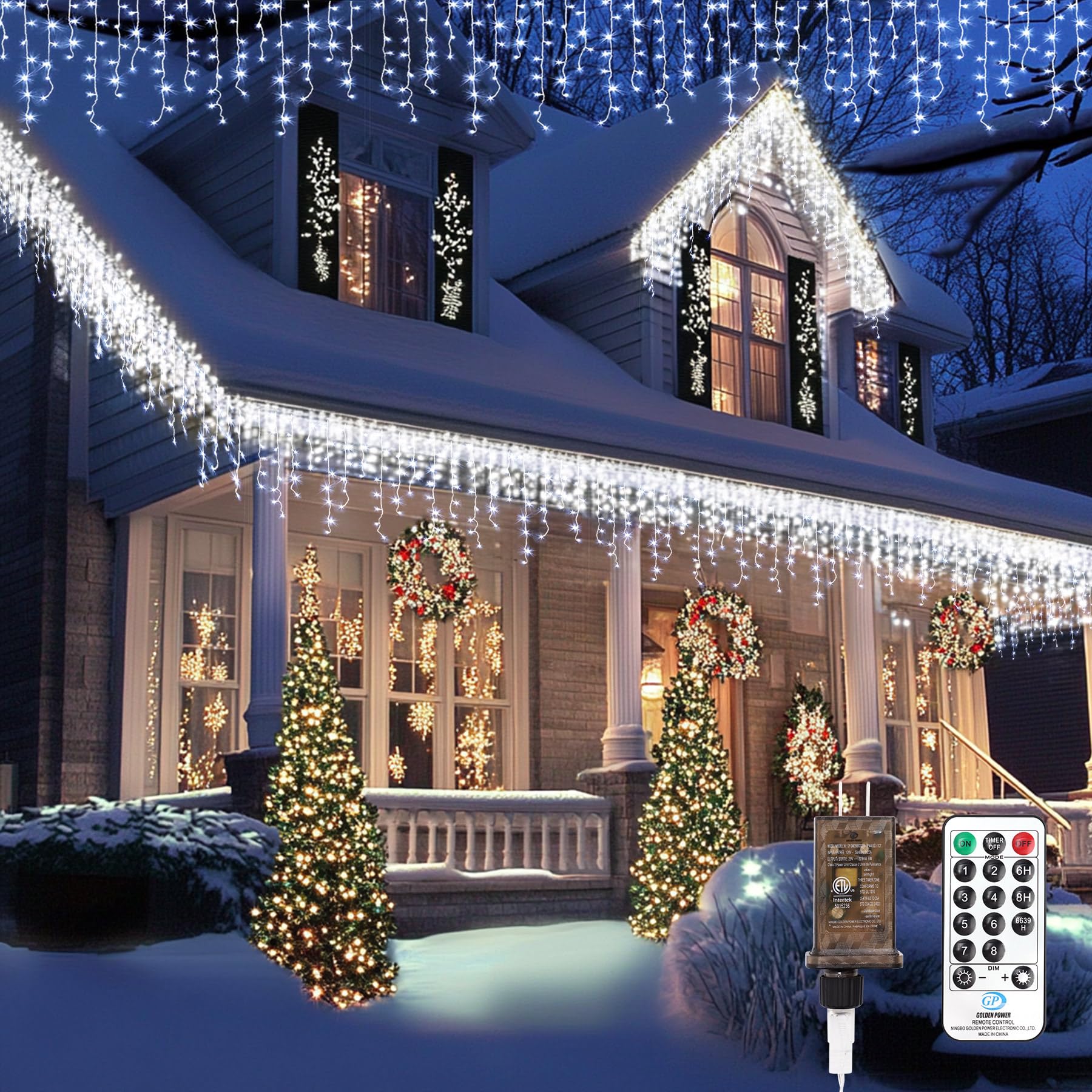 TOPPORTED Icicle Christmas Lights Outdoor,520 LED 49.2FT 8 Modes with 80 Drops Cool White Icicle Lights,Remote Control Outdoor I