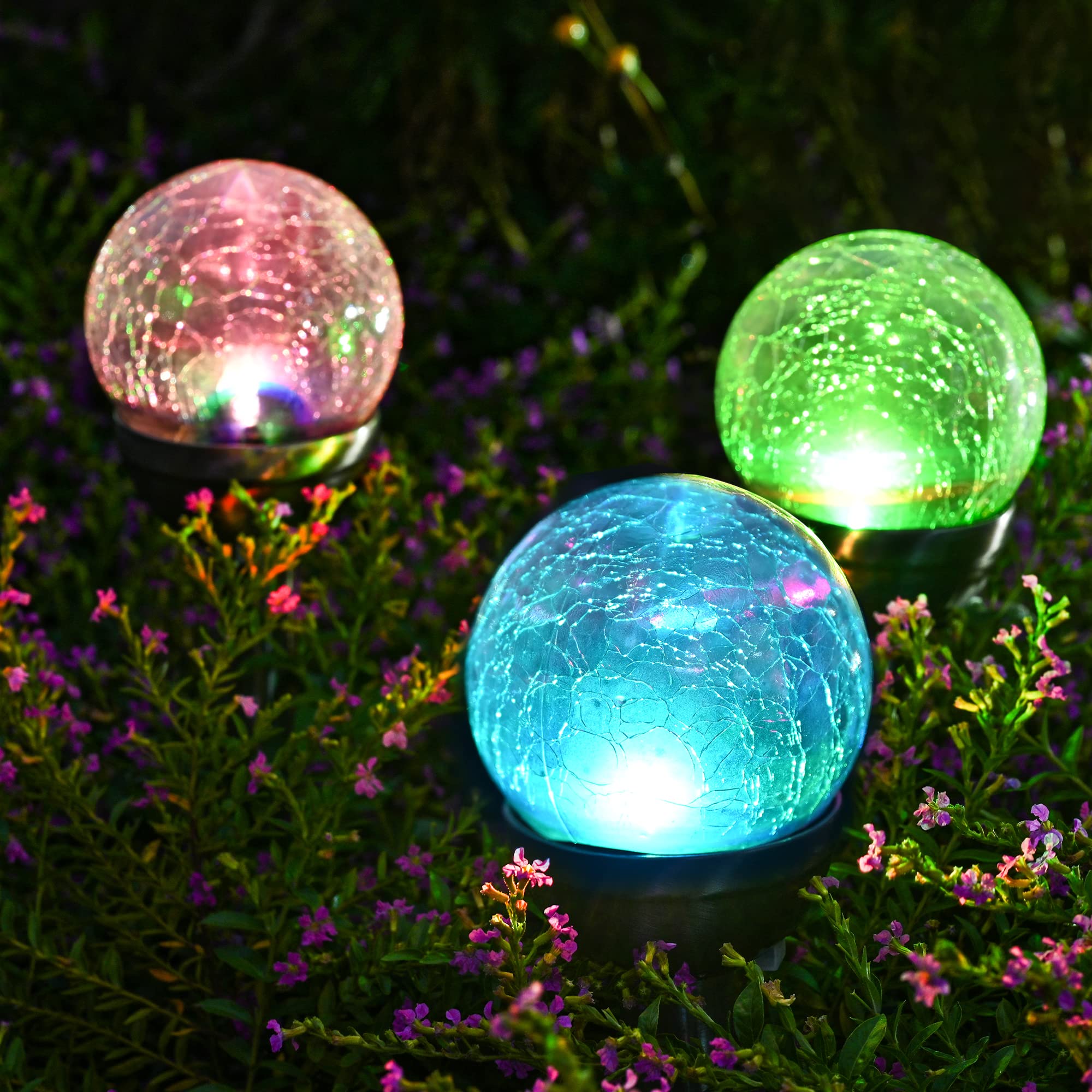 GIGALUMI Solar Garden Lights, 3 Pack Color Changing Cracked Glass Ball Path Lights, Stainless Steel Outdoor Decor