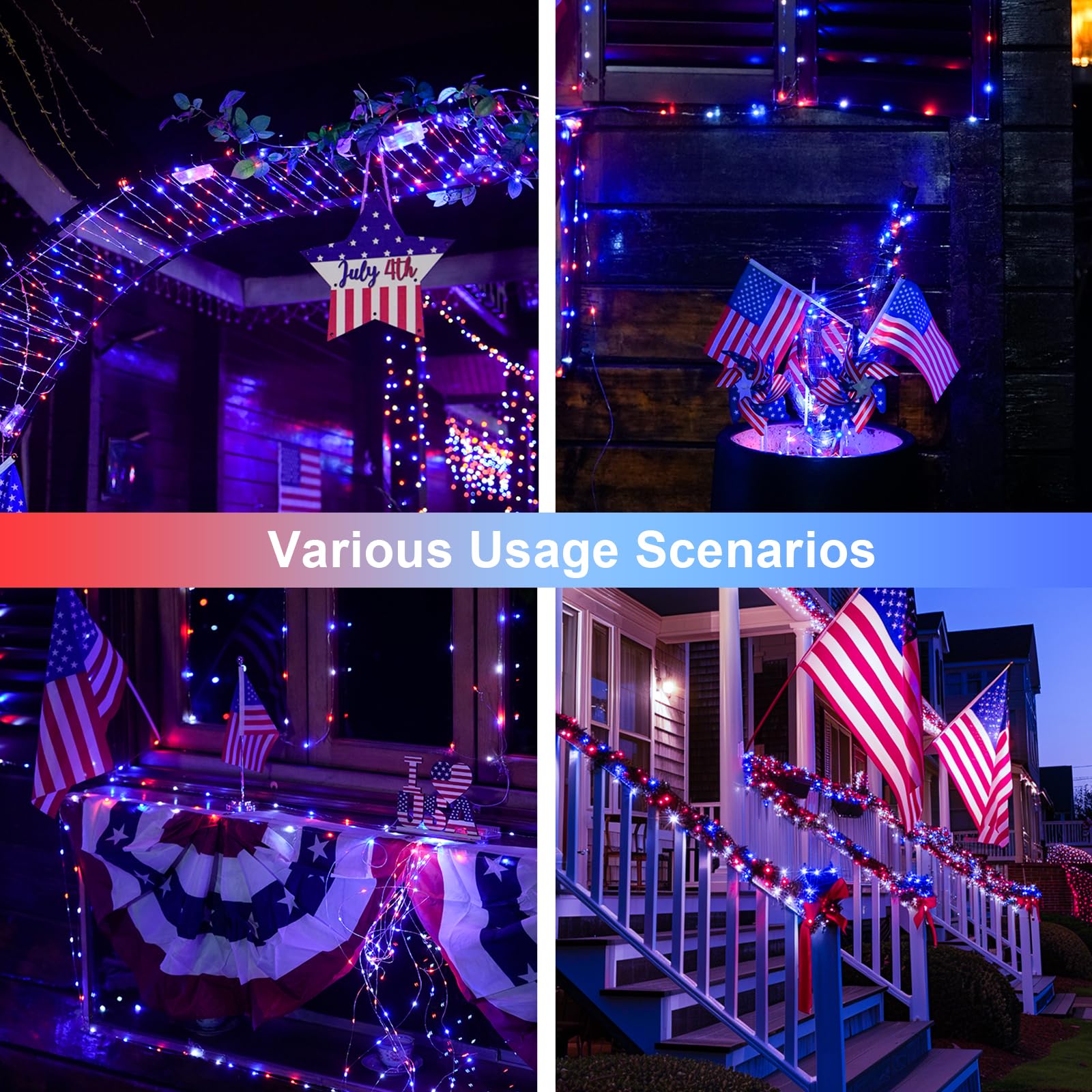 Jmexsuss 2 Pack Red White And Blue Solar Lights, Each 100 Led 33Ft Solar Fairy Lights Outdoor Waterproof, 4Th Of July Solar String Lights For Independence Day Outside Decorations