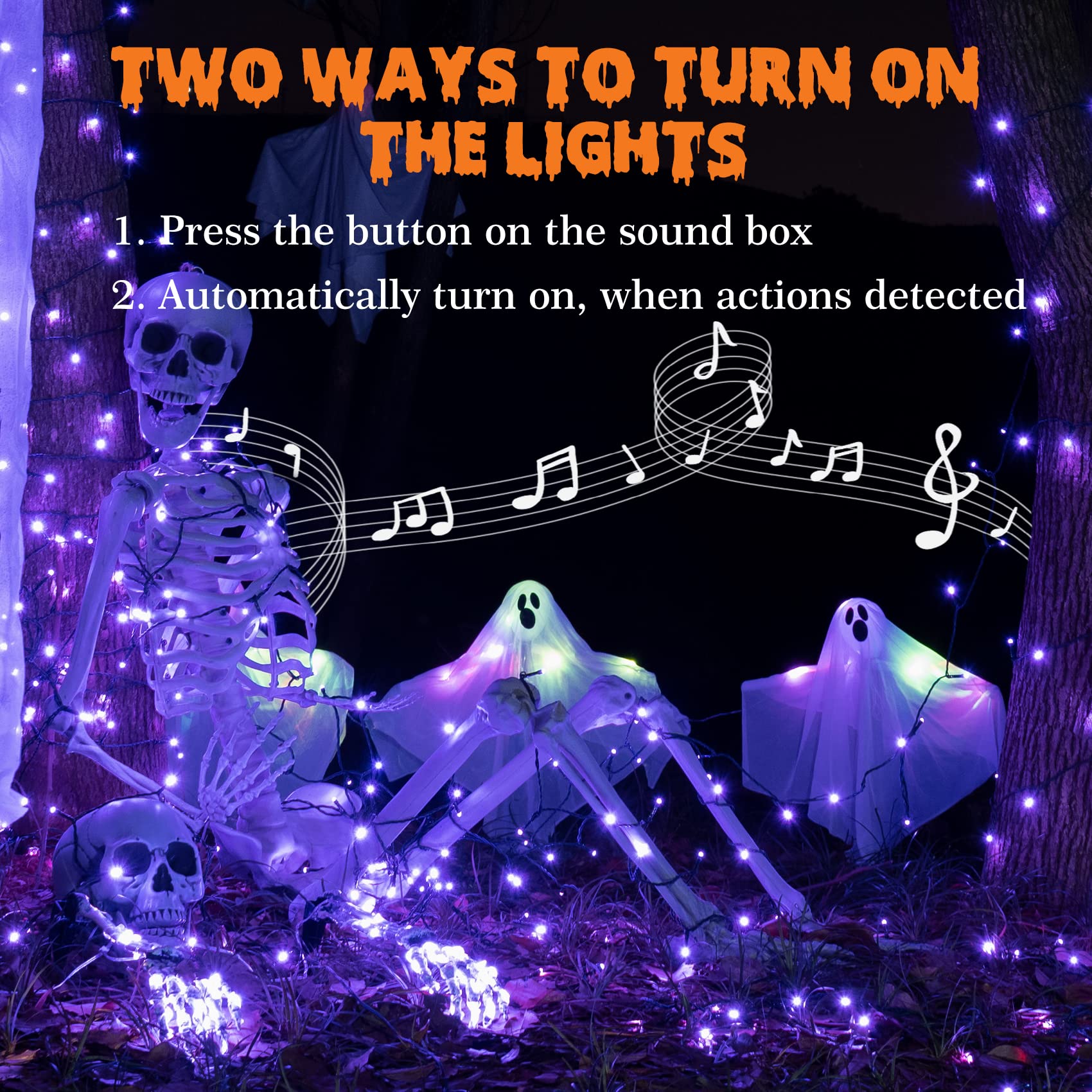 Rotu Halloween Lights Outdoor 114.8 Ft 300 Led String Lights With Music Sync Spooky Sounds Halloween Decorations Fairy Lights Indoor Waterproof For Yard Porch Haunted House Decor (Purple)