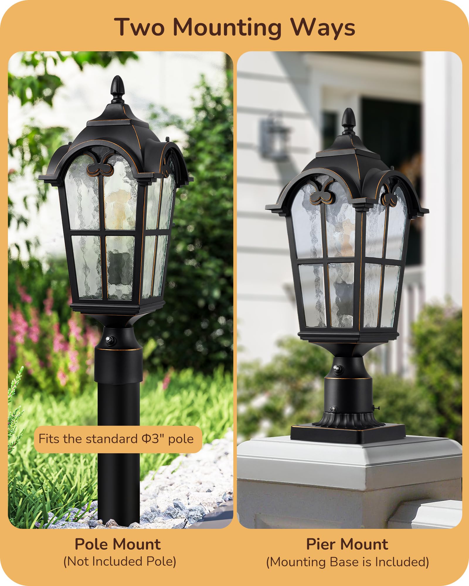 EDISHINE Large Outdoor Post Light, 21.9in  H, Waterproof Aluminum Fixture, Black, Model HOPL02A