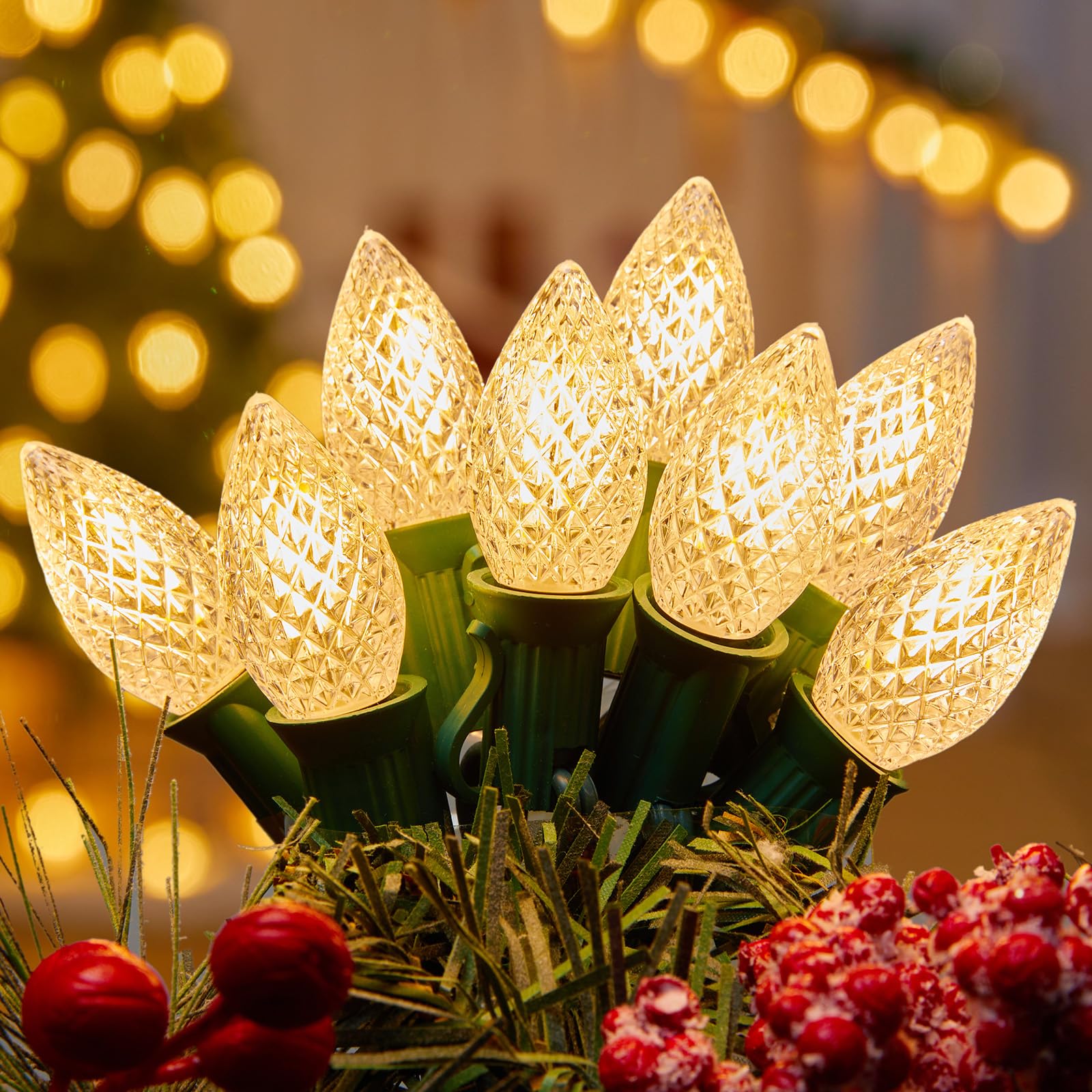C7 LED Lights Warm White Christmas Lights Outdoor, 100FT C7 Christmas String Lights with 100 Plastic Bulbs, Traditional Hanging 