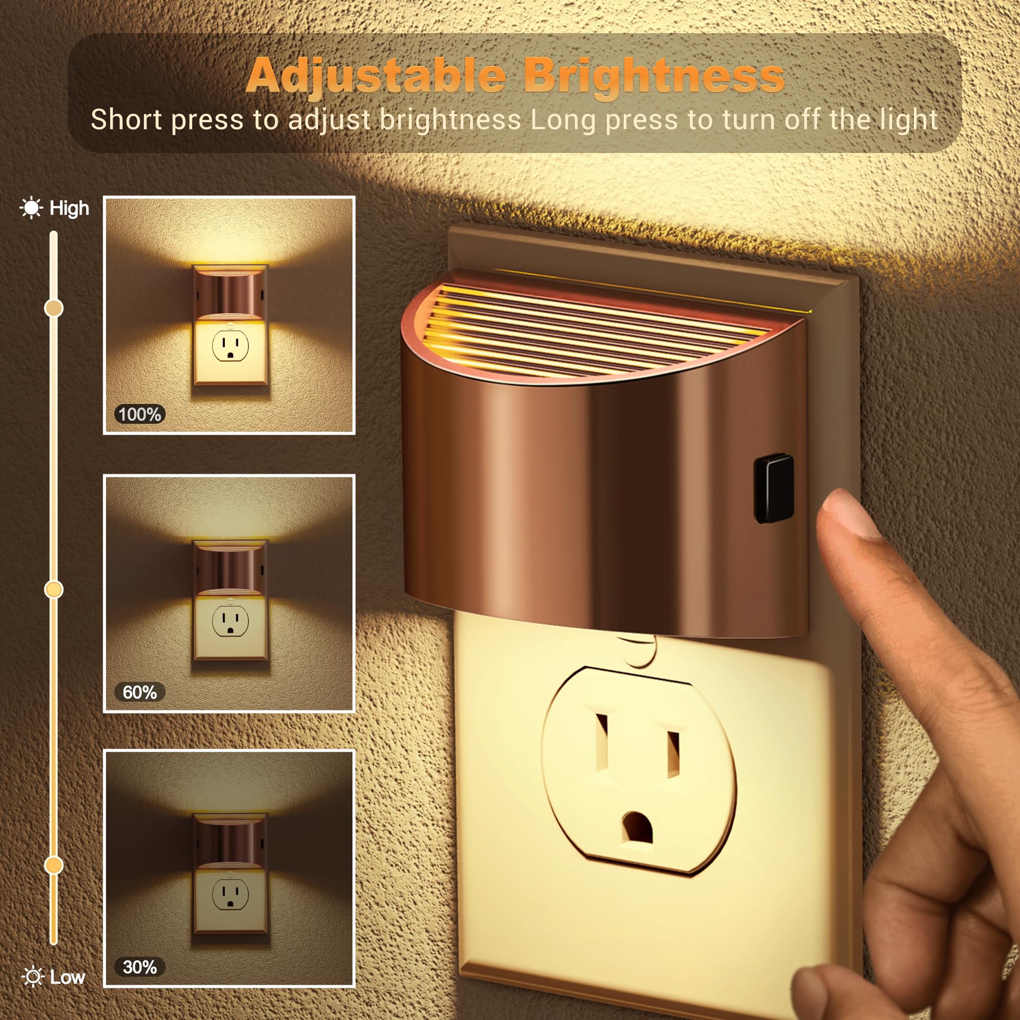 JandCase LED Night Lights, 2 Pack, Dusk to Dawn Sensor, 0-100LM Brightness Adjustable, Rose Gold, Model C-GY10702RGUS-2