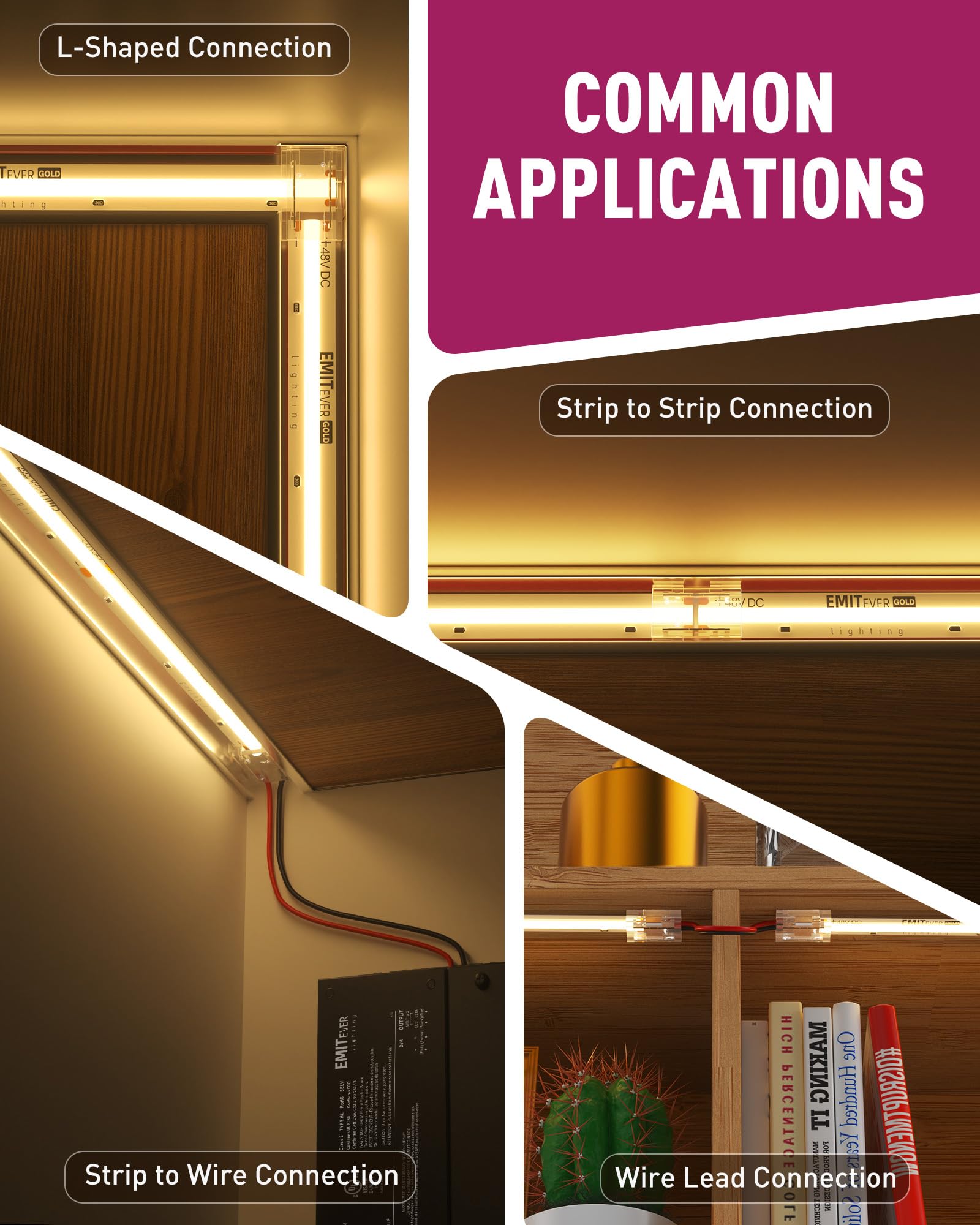 Emitever 8-In-1 Led Strip Connectors 12Pcs, 2 Pin 10Mm Cob Tape Lights Terminal Connectors 8 Types Solderless Transparent Connec