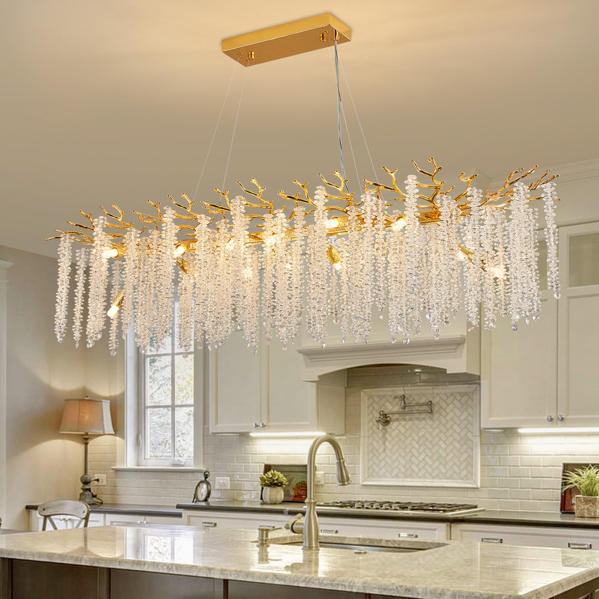 Upfelw Modern Crystal Tree Branch Chandelier, Gold Linear Rectangle Art Deco Raindrop Lighting Fixture for Dining Room Living Ro