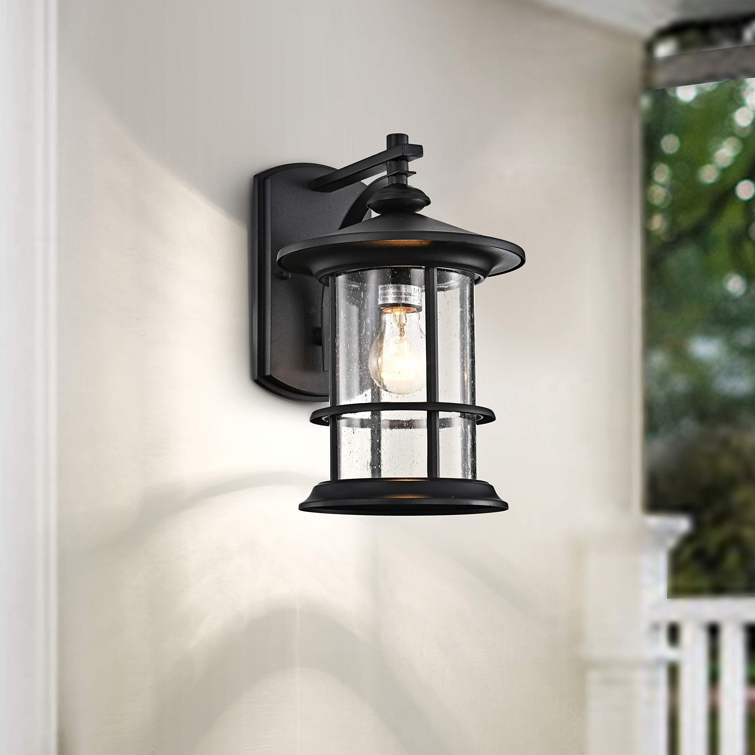 Micsiu Textured Black Outdoor Wall Light 2 Pack, Clear Seedy Glass, H12.5, Metal Lantern For Porch, Patio, Backyard