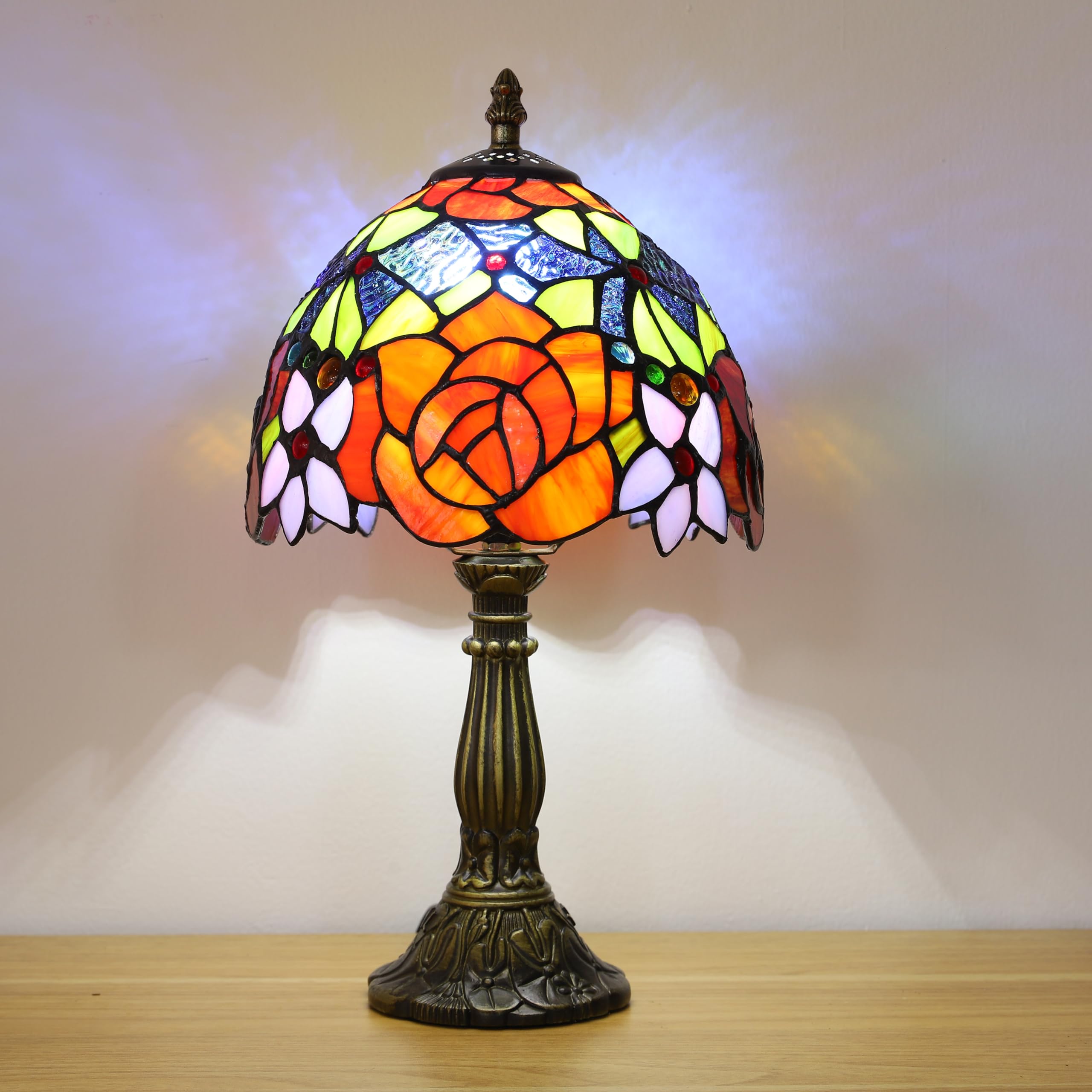 Tuomoxte Tiffany Style Table Lamp, 8 Inch Stained Glass Lamp, Rose Flower Pattern, Small Antique Lamp, Bedside Lamp, For Nightst