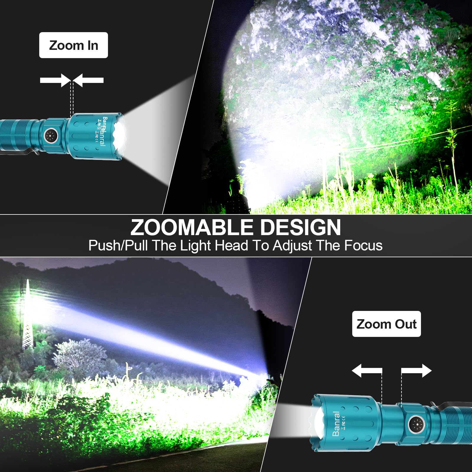 Banral High Lumens Rechargeable Flashlight, 20000 Lumens, 1500m Range, 6 Modes, Tactical, Turquoise, Model K-2316-B