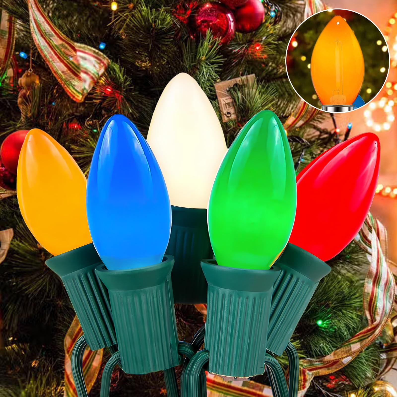 Couah 25Ft C9 Vintage LED String Lights, 27 Multicolor Bulbs, Green Wire for Indoor/Outdoor Christmas Party Decorations