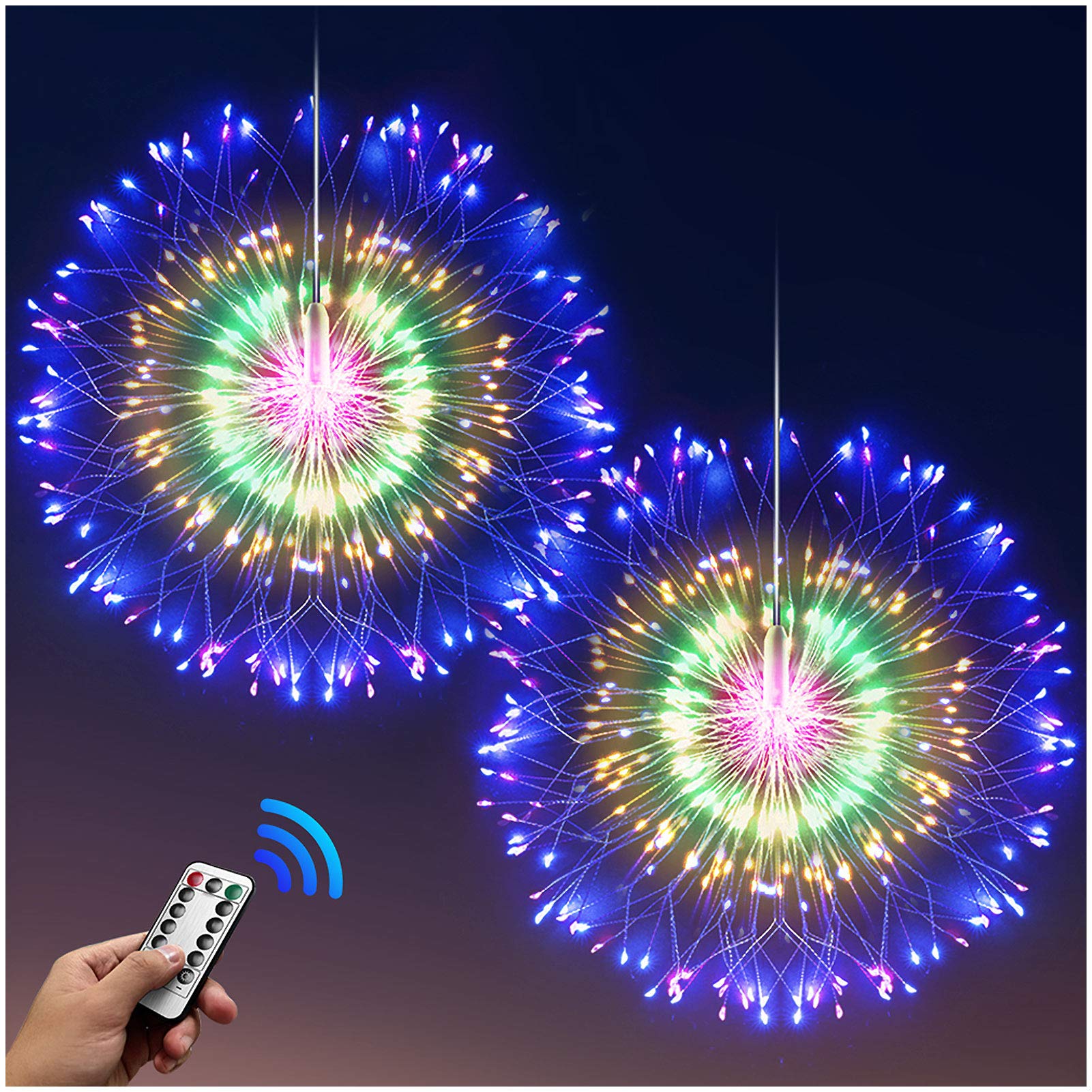Denicmic Firework Lights Starburst Lights 200 Led Copper Wire Battery Operated Hanging Sphere Lights With Remote, 8 Modes Stars Fairy Ceiling Decorations For Patio Party Wedding Christmas (2 Pack)