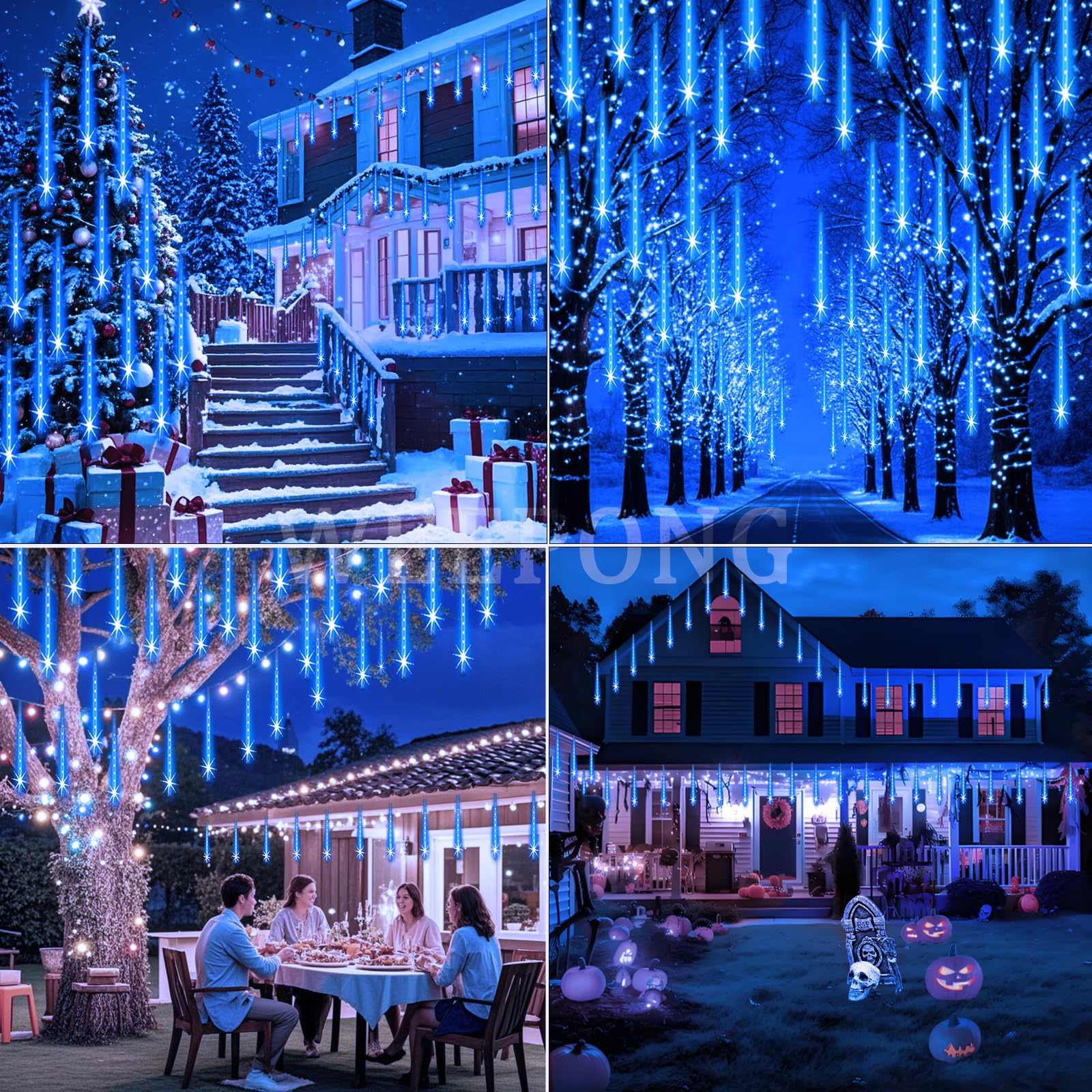 Weepong 12Inch Blue Meteor Shower Lights - UL Certified Cascading String Lights for Outdoor Christmas Tree & Garden Decor, 8 Tubes