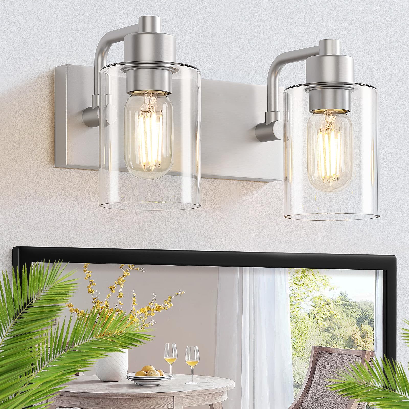Dpyrrhic Brushed Nickel Bathroom Light Fixtures  Wall Mounted 2-Light Bathroom Lights Over Mirror with Clear Glass Shade Wall Sconces for Kitchen Living Room Bedroom
