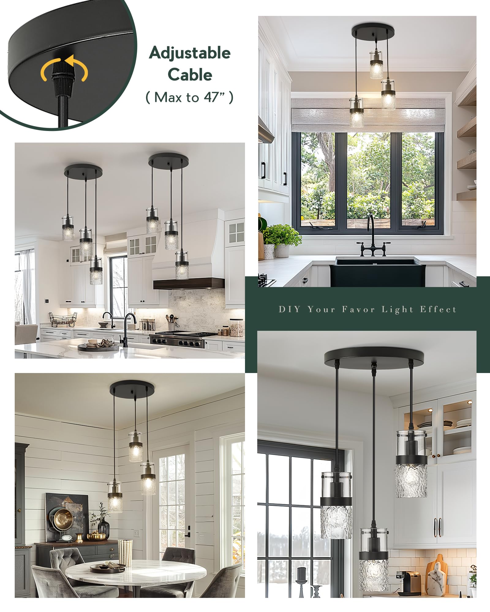 Lms Black 3-Light Pendant Fixtures, Adjustable Kitchen Hanging Light Fixture, Cluster Pendant Lights, Lms-188