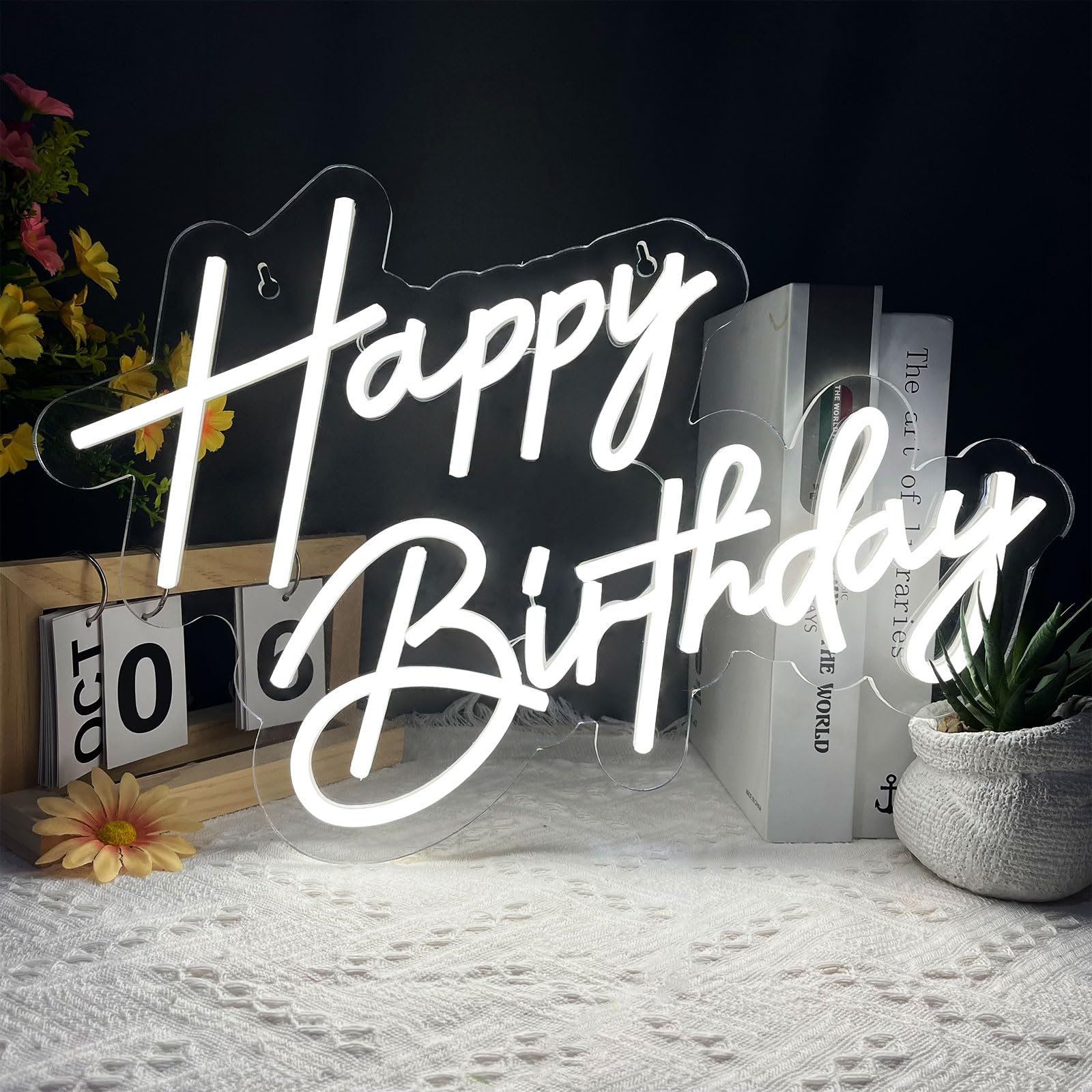 BerniceKelly Happy Birthday Neon Sign Wall Decor, 17x12 Inch, White LED Light, Model AW-12
