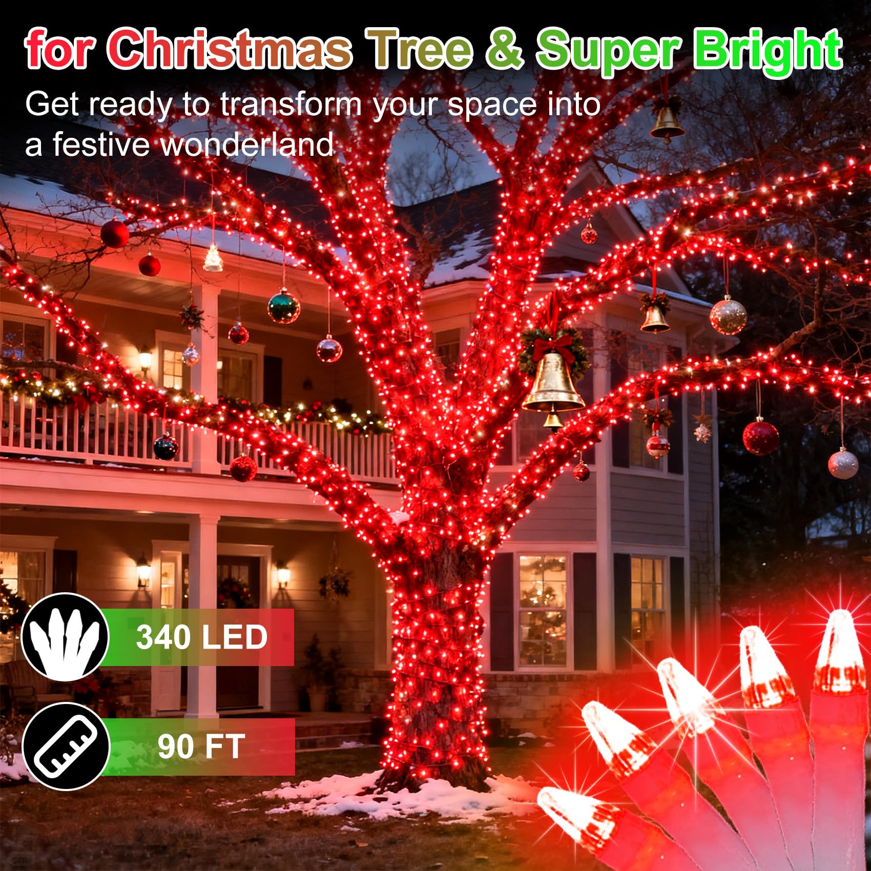 340 Led 90Ft Christmas String Lights Outdoor  12 Pro Modes And Timer Memory & Brightness  Plug In Outdoor Waterproof Clear Wire Twinkle Light For For Xmas Yard Tree Wedding Party Decor (Red)