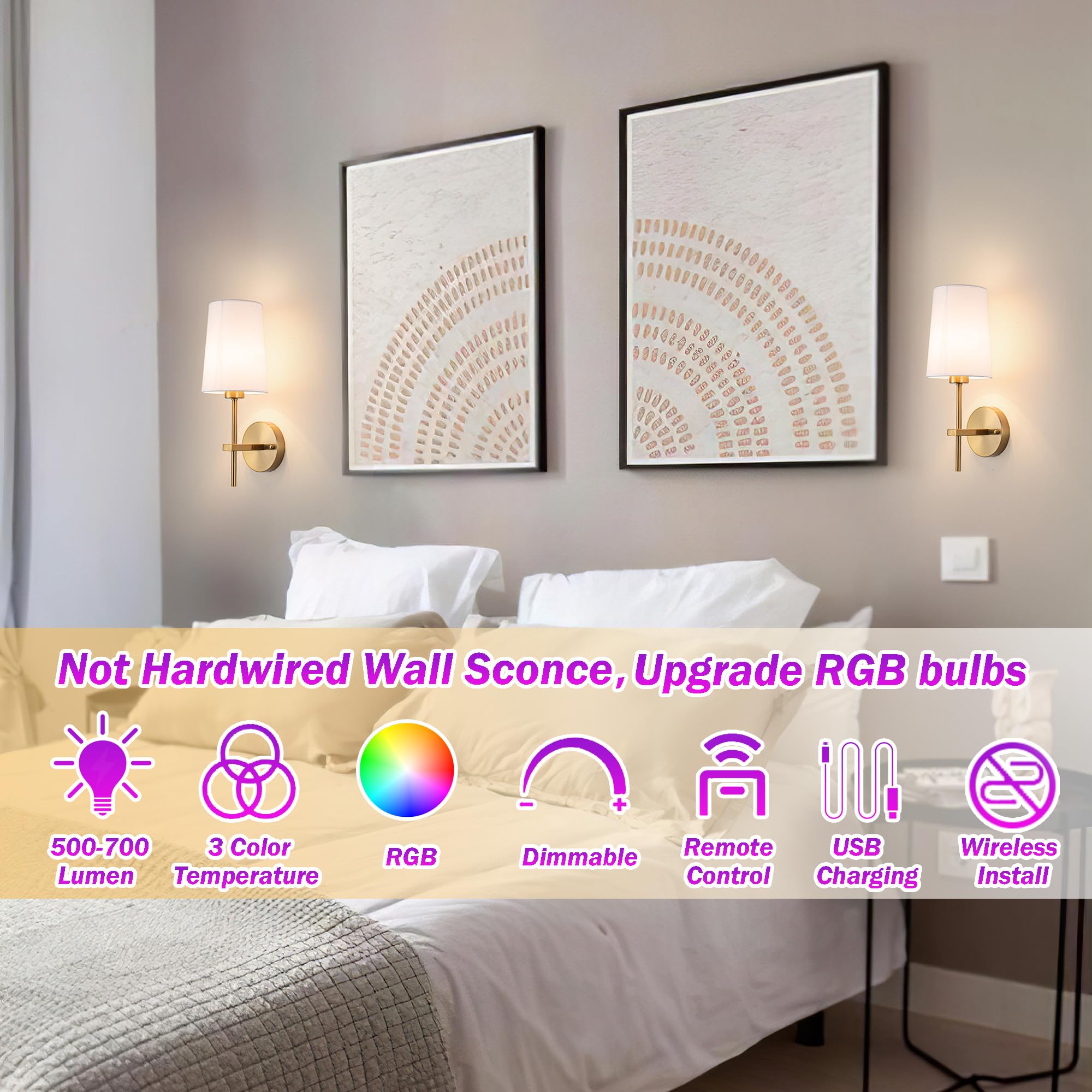 Battery Operated Wall Sconce Set of 2, Wireless Dimmable Battery Powered Wall Lamp with Remote Control,battery Wall Light with W