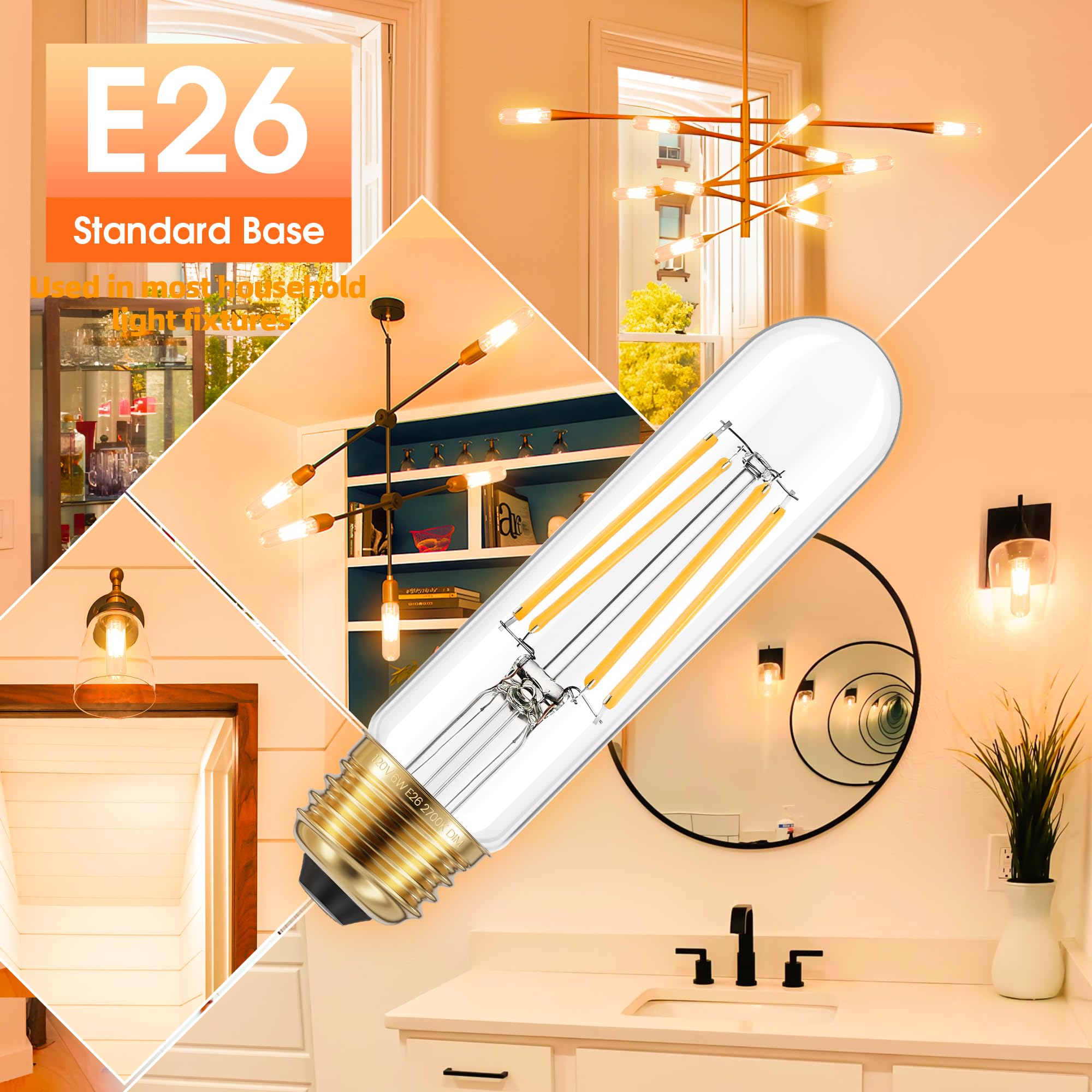 Ggoying Dimmable E26 Led Bulb 60W Equivalent, 600Lm Warm White 2700K E26 Edison Bulbs, 6W Tubular T10 Led Bulb For Rustic Pendan
