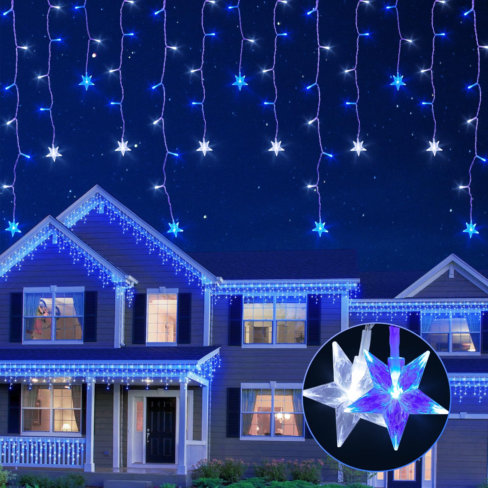 Oopswow Icicle Lights Outdoor 200 LED Curtain Fairy Lights, 16.5FT, Blue & White, 8 Modes with Timer, Perfect for Weddings & Christmas Decor