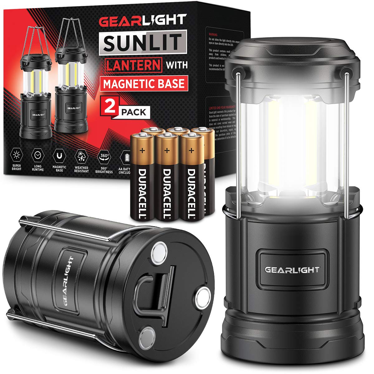 GearLight Camping Lantern - 2 Portable LED Lights, Magnetic Base, Foldable Hook, Compact, Black, Model GL-LMBS-2P