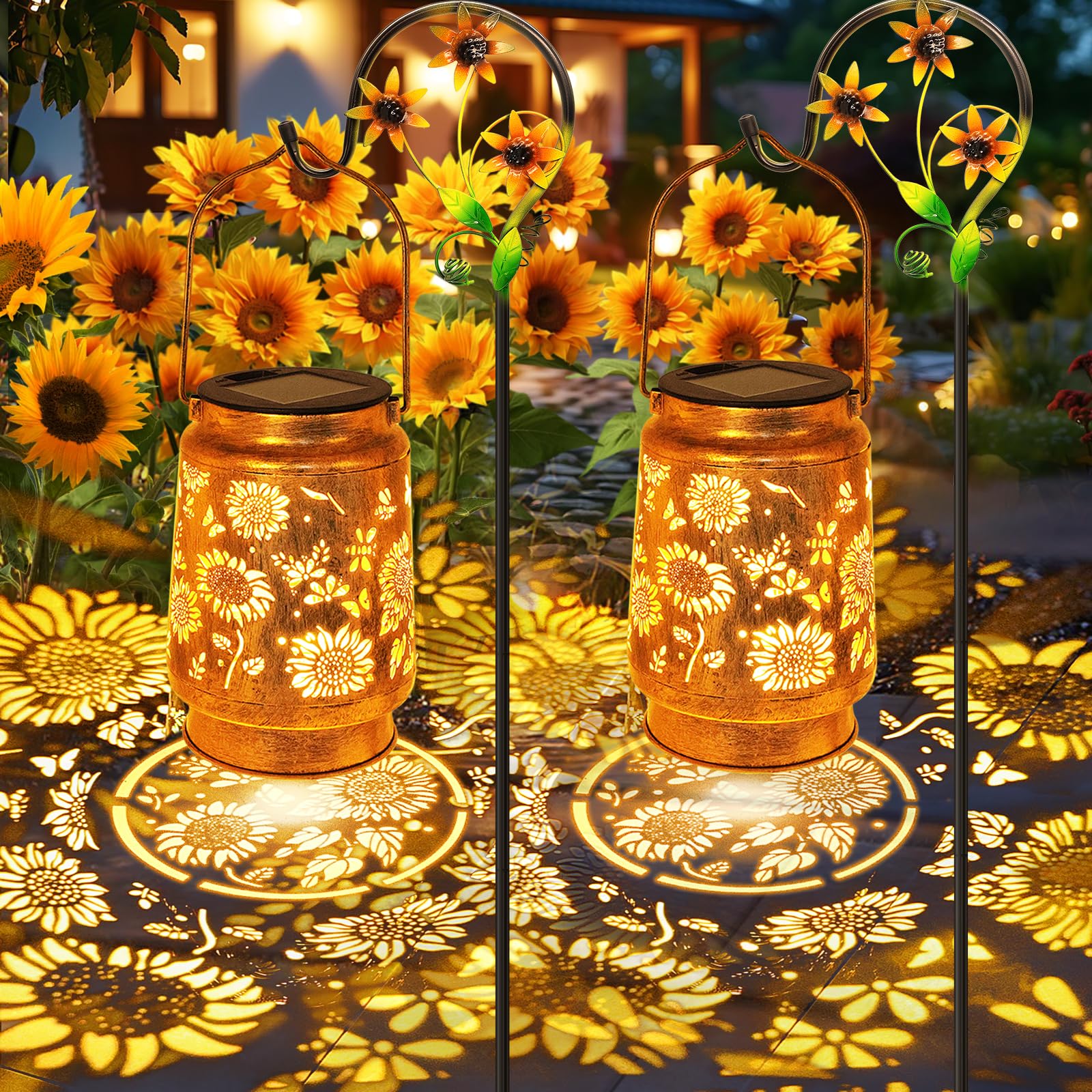 2 Pack Sunflower Solar Lanterns Garden Decor  Birthday Gifts For Women Mom Grandma Christmas  Metal Hanging Solar Lights Outdoor Waterproof Led Decoration With Shepherd Hook Outside For Yard Patio