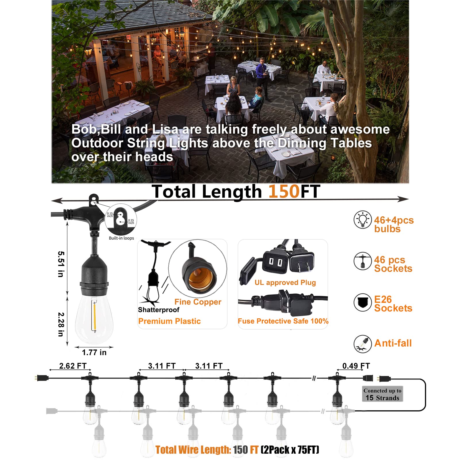 Achin Outdoor String Lights 150FT, 50 Dimmable Edison Bulbs, Waterproof Warm White, Model OTS15045-TS20B1-S1427