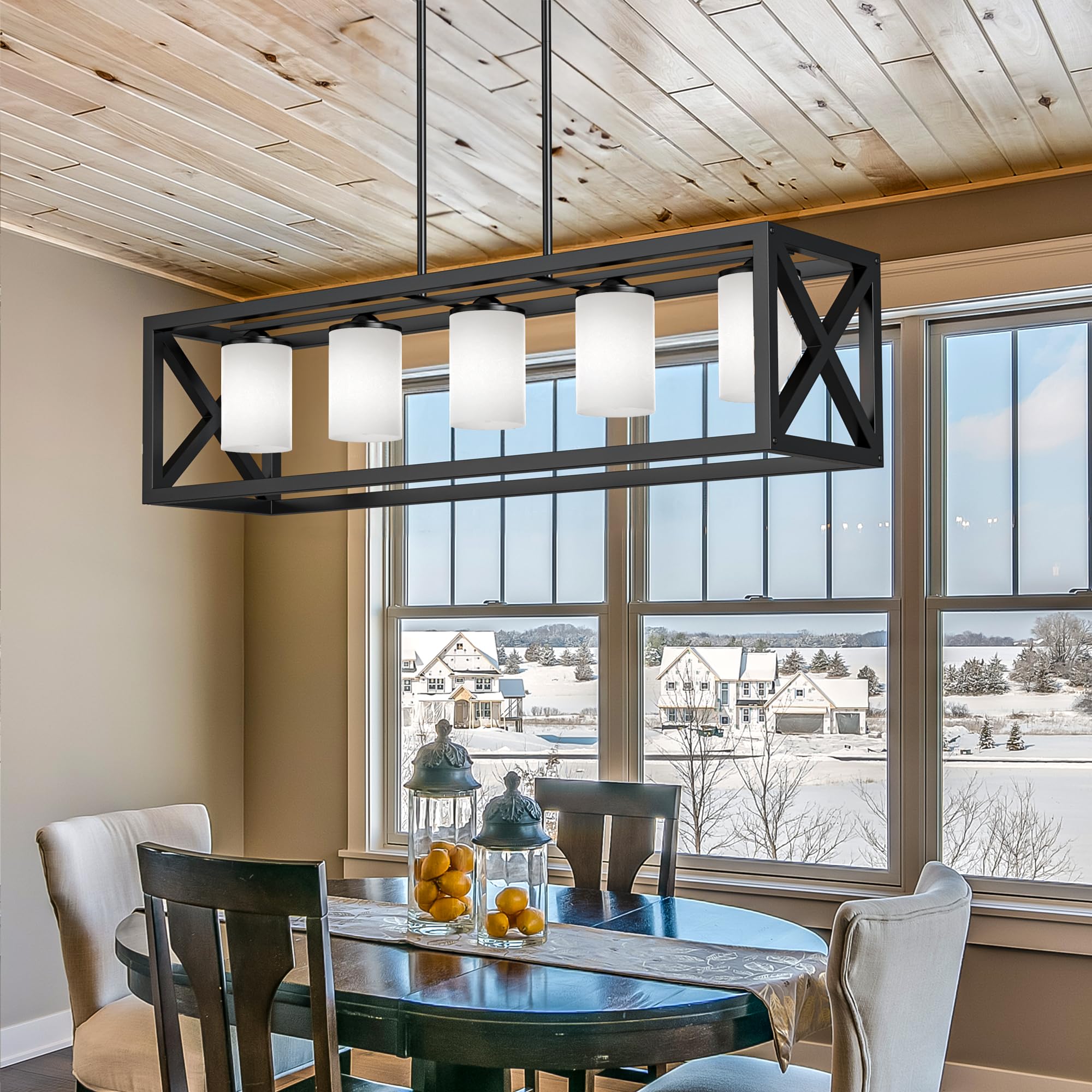 Espird Black White Dining Room Light Fixture - 5 Light Rectangle Light Fixture With Milk Glass Shade & Adjustable Height & Thick