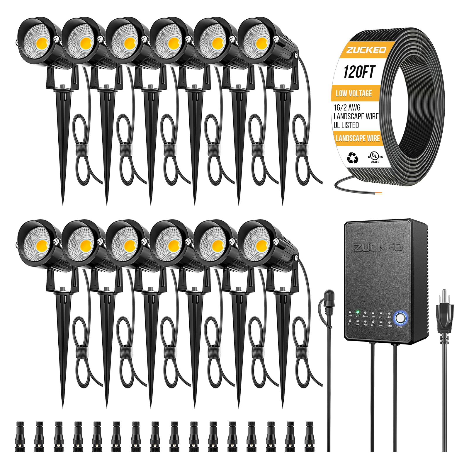 ZUCKEO All-in-One Low Voltage Landscape Lighting Kit, 5W LED Landscape Lights with Transformer, 120FT Wire and Connectors, Water