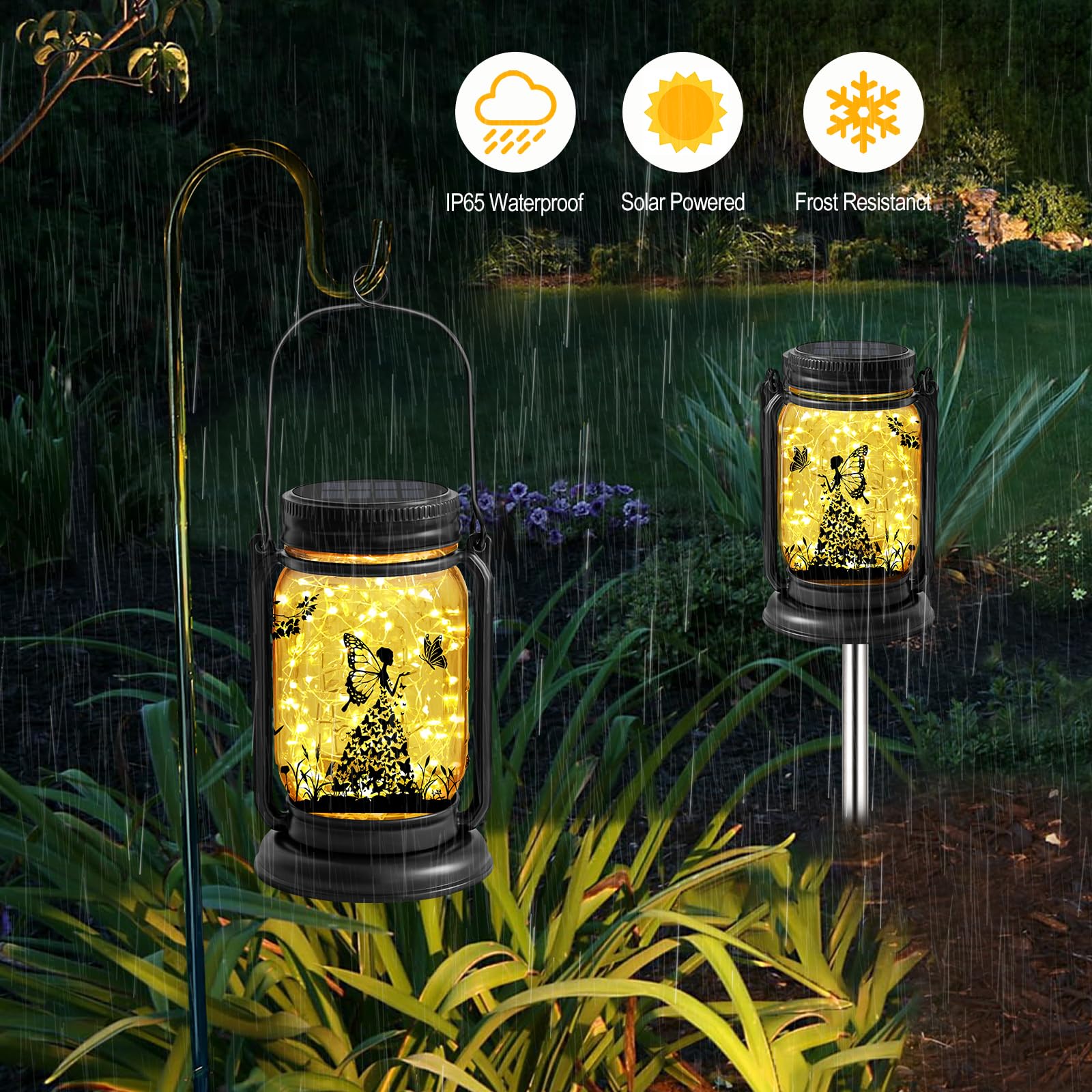 Yjfwal 2 Pack Outdoor Hanging Solar Lanterns, Fairy Butterfly Vintage Glass Mason Jar Solar Fairy Lights, Gifts For Mom, Grandma