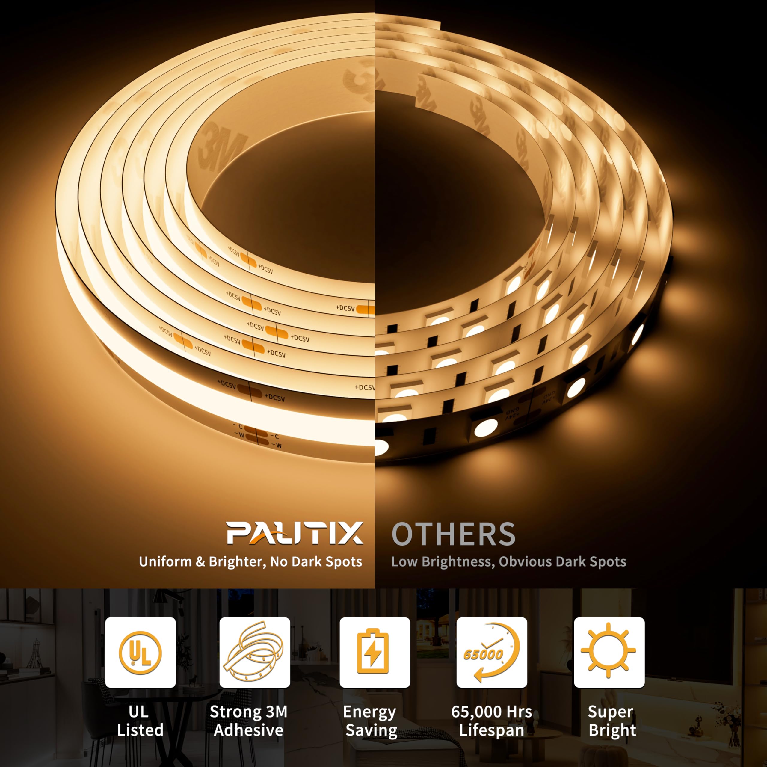 PAUTIX 5V USB CCT Tunable COB LED Strip Light 6.56ft 1280LEDs 2700K-6500K Dimmable RF Remote Model RFCCT