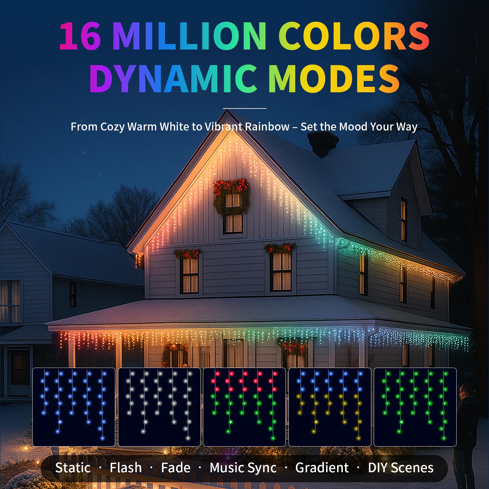 NAWEISIX Smart RGB LED Icicle Lights - Waterproof, App Control, Music Sync, 33ft, Multicolor, Model BESL79