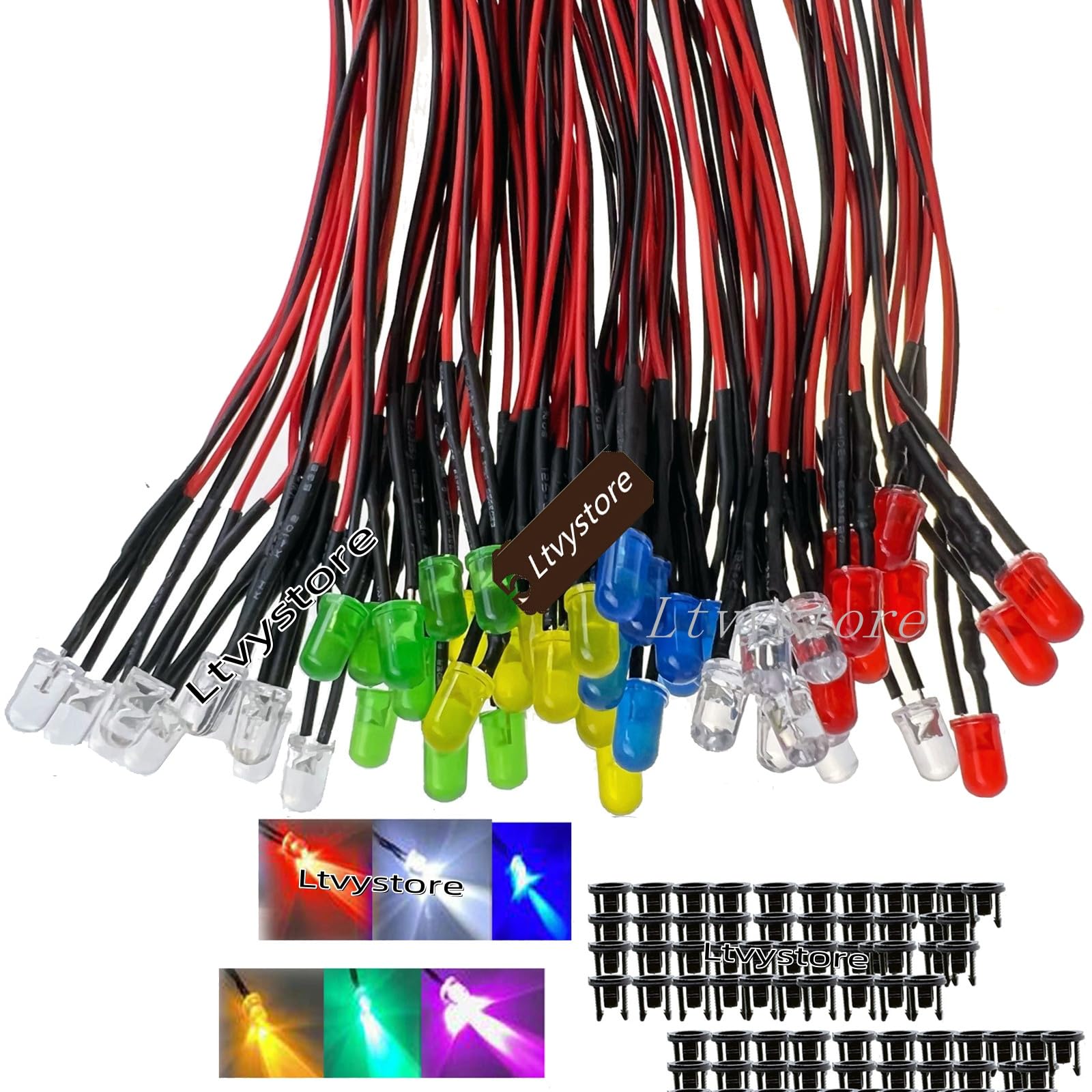 Ltvystore 60Pcs 5Mm 9V 6Colors Led Pre Wired Prewired Lamp Light Bulb Prewired Emitting Diode +60Pcs Black 5Mm Led Plastic Clip 