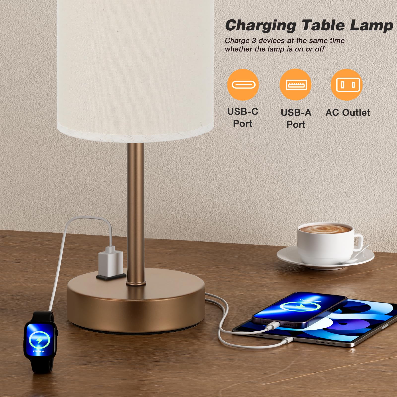 Fenmzee Touch Table Lamp - Beige, 3-Way Dimmable, Usb A + C Charging, Ac Outlet, 17.4Inch Medium, Brown Metal Base
