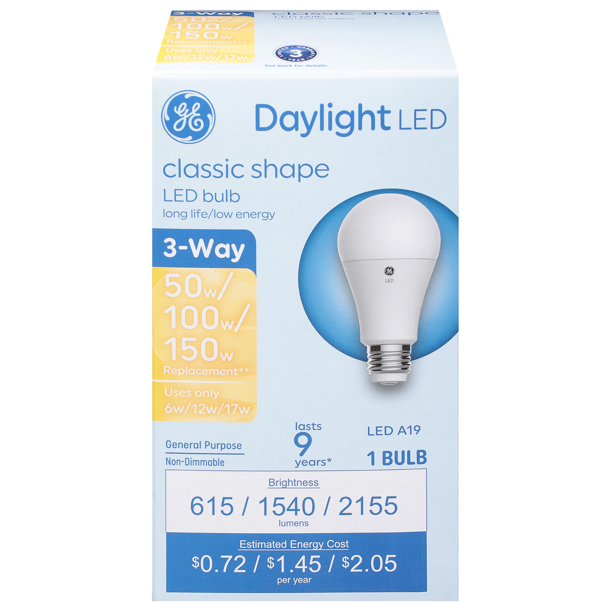 93130568 LED 3-Way Light Bulb, A19 Medium Base, Daylight, 6/12/17 Watt - Quantity 1