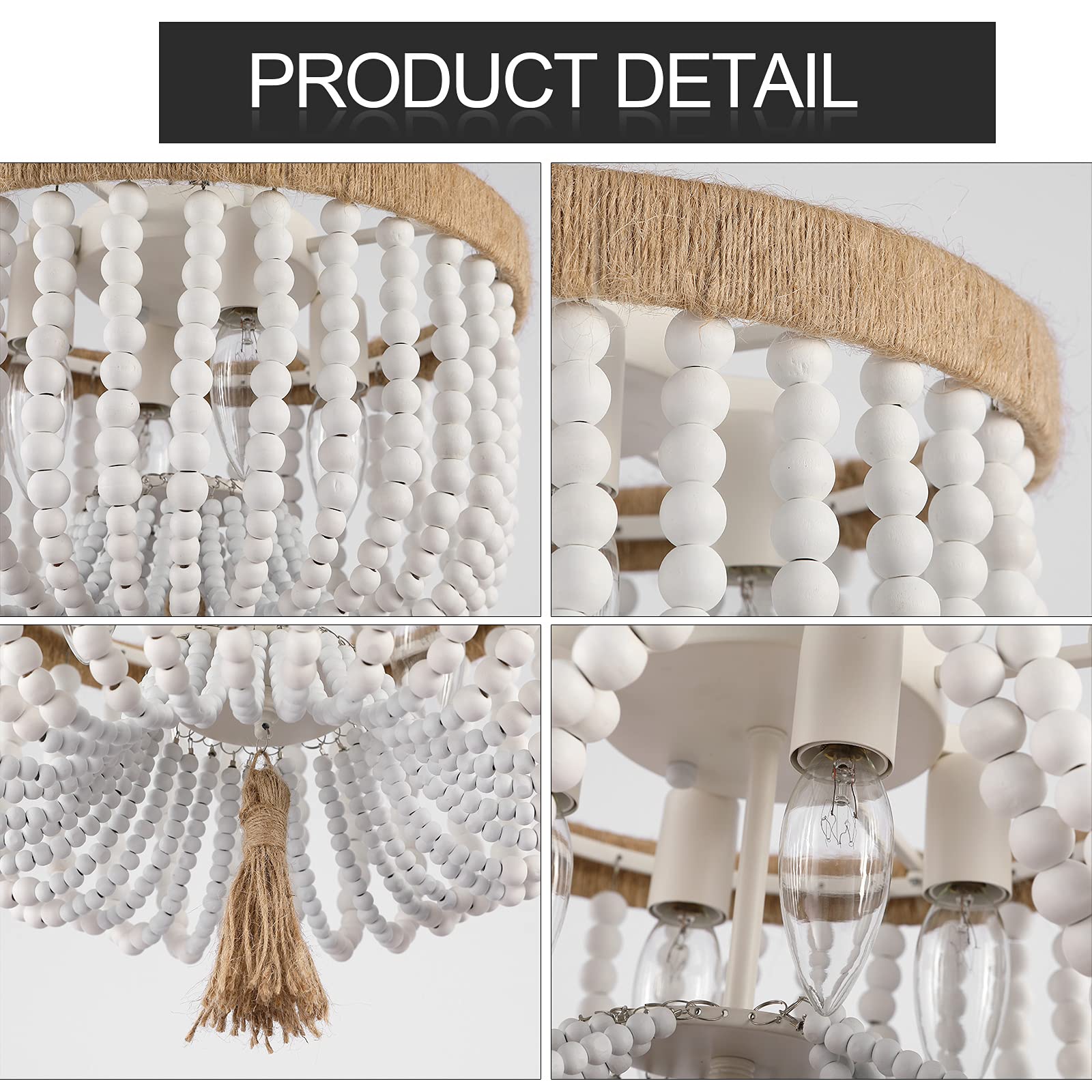 Kaerdi Beaded Light Fixture Flush Mount Ceiling Light White Bohemia Antique Farmhouse Wood Boho Chandelier For Kitchen Island Be