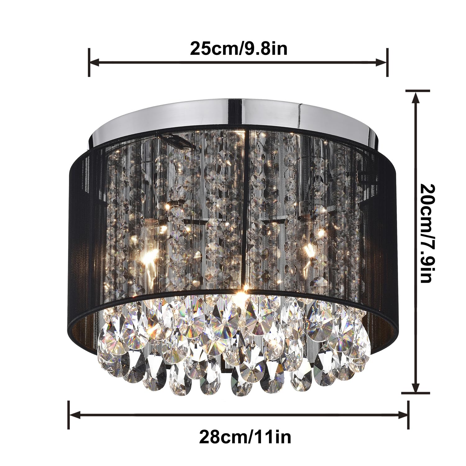 LaLuLa Black Chandelier Small Flush Mount Lighting, 11in Round, 3 Light Mini Crystal for Bedroom
