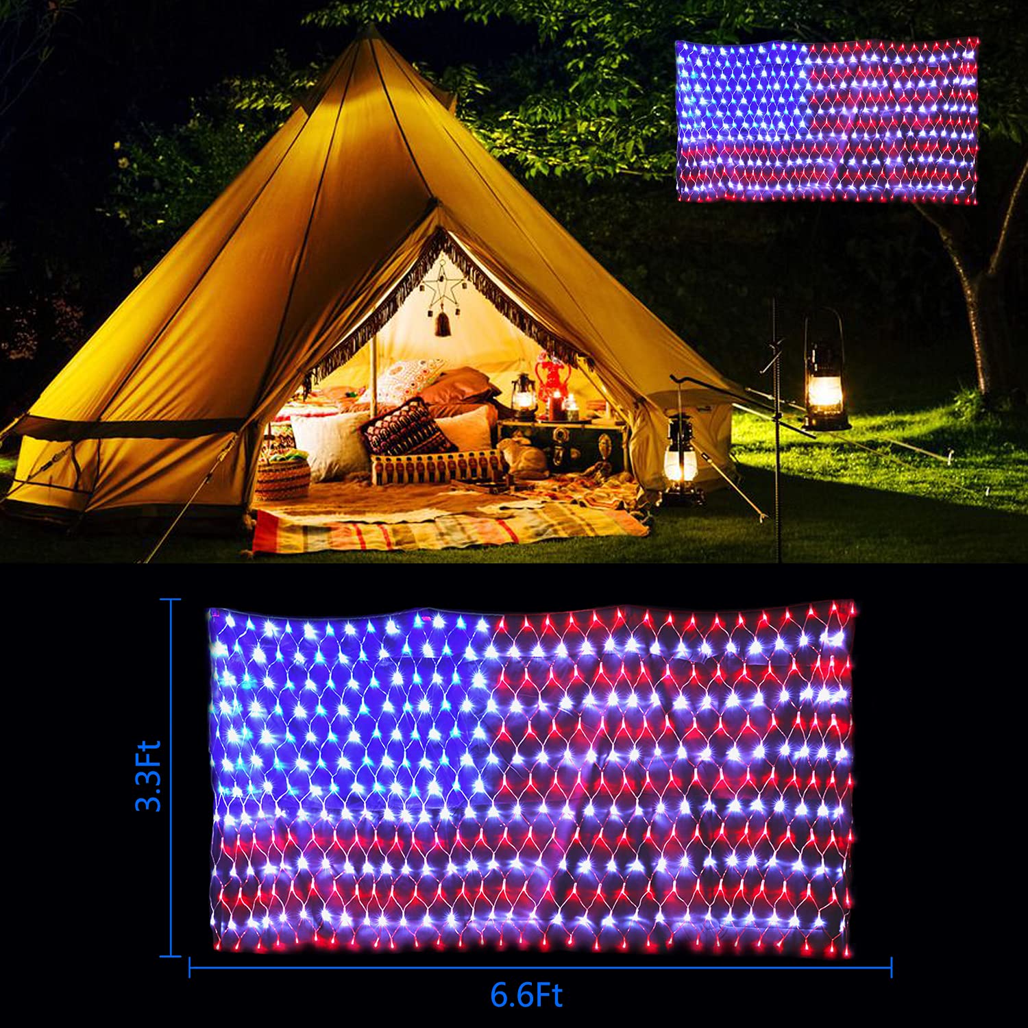 Decute Solar American Flag String Lights - 420 LED Waterproof Net Light for Outdoor Decorations - Ideal for 4th of July & Festivals