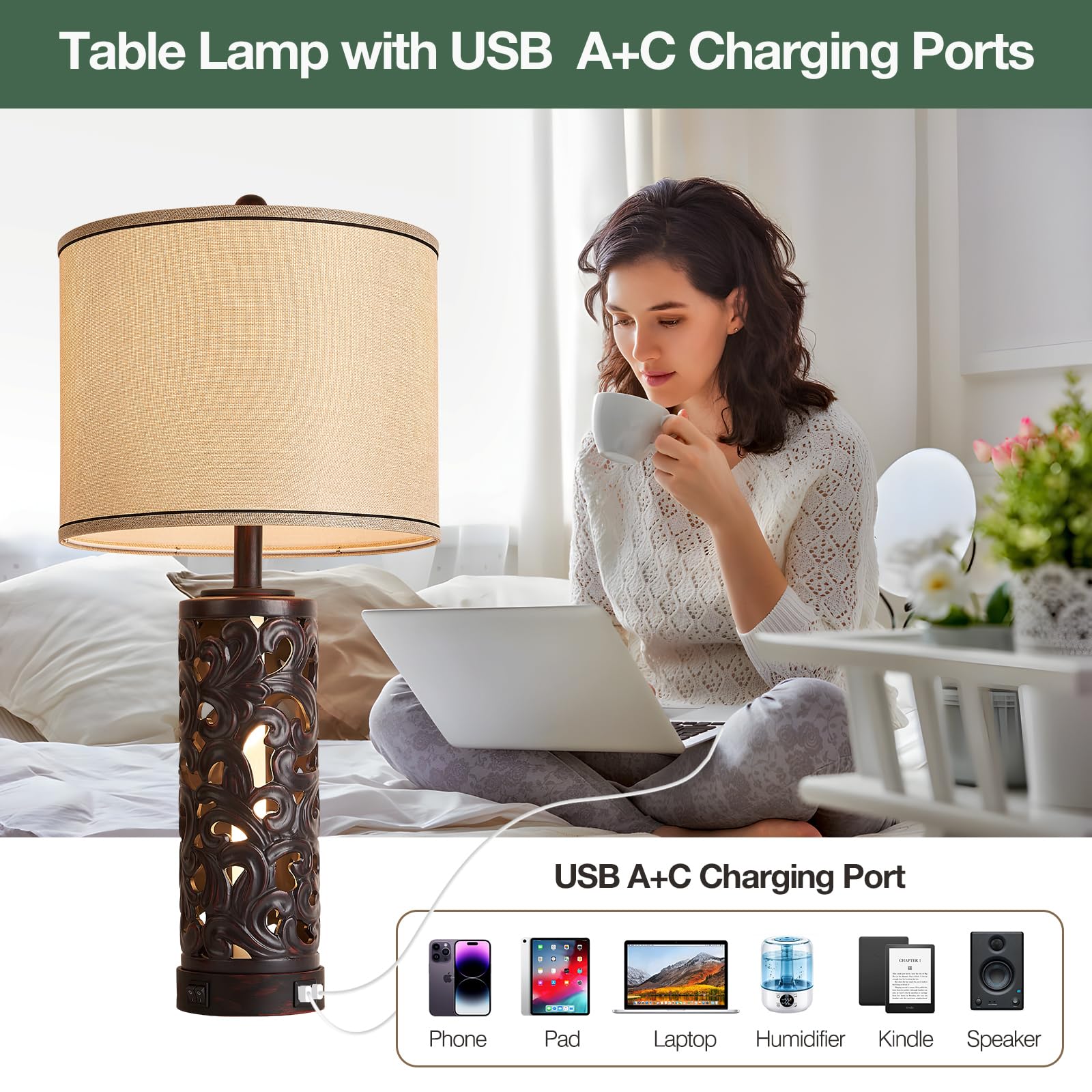 Aidenoey 28&quot; Brown Ceramic Table Lamps Set With Usb Ports & Fabric Shade, 2 Bulbs Included