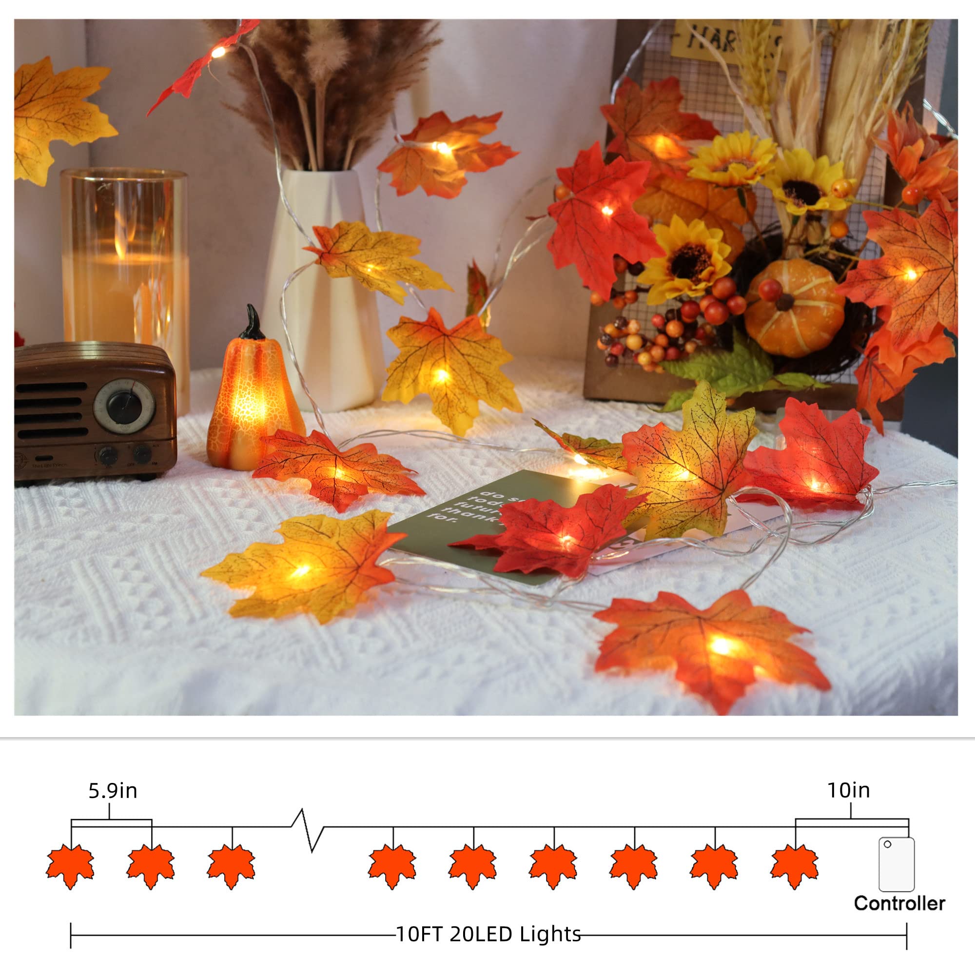 Runleo Fall Decor Multicolored Maple Leaf Lights, 10Ft 20Led Lights Battery Operated Fall Leaves Garland With Lights Door Lights String Home Decor Indoor Outdoor Halloween Thanksgiving Decorations