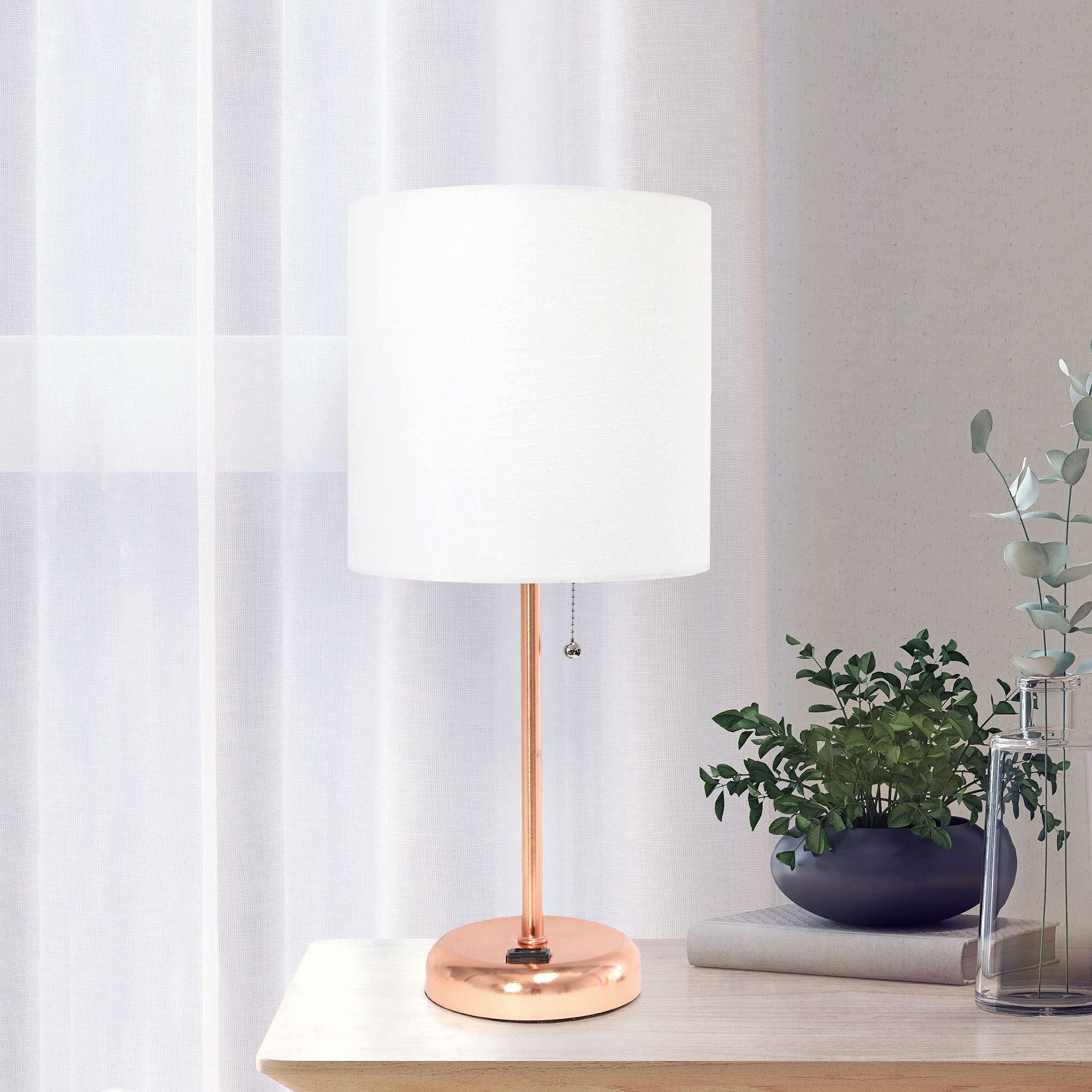 Creekwood Home Rose Gold Contemporary Bedside Lamp With White Shade, 19.5&quot; Metal Table Lamp