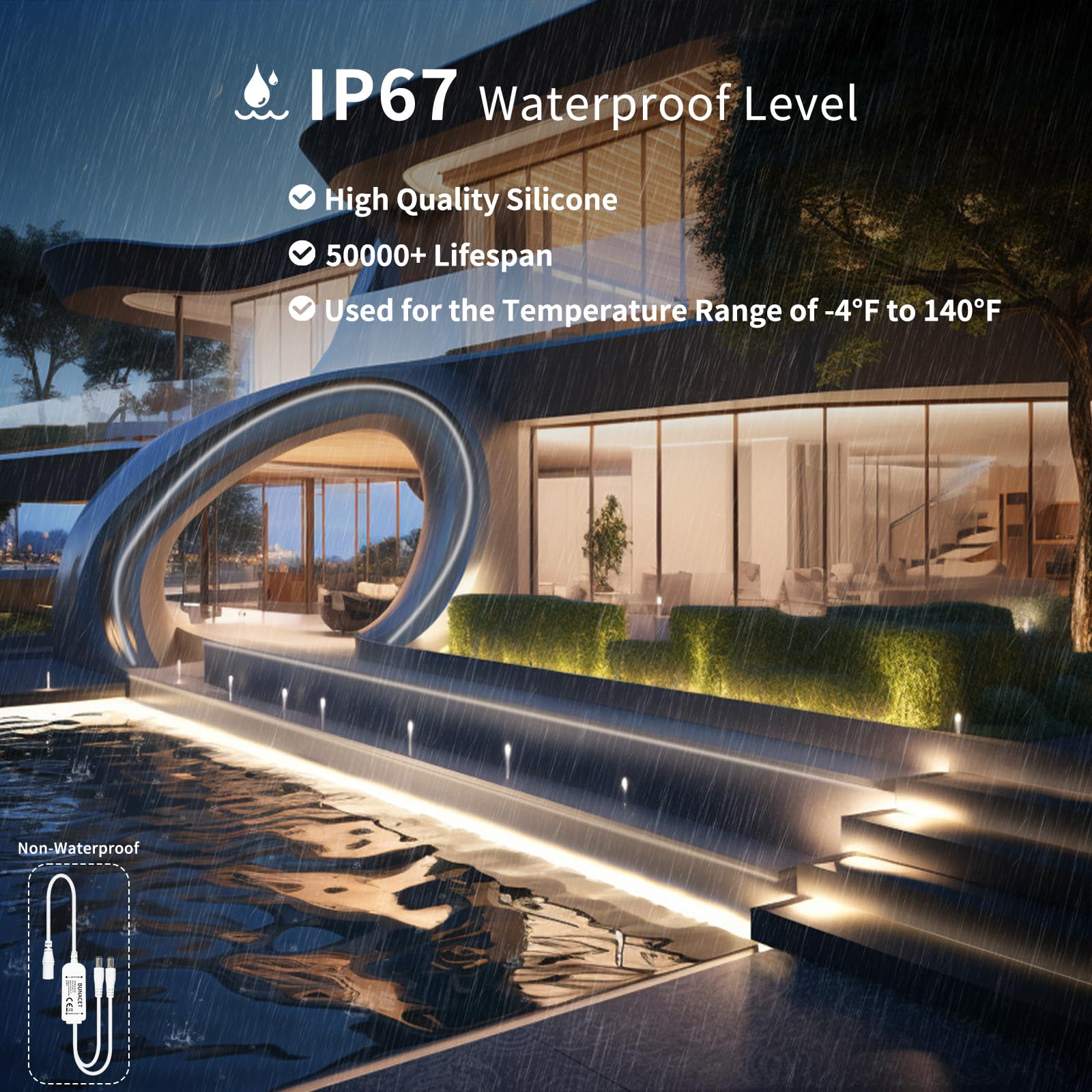 Bunacet Outdoor Led Strip Lights Warm White, Neon Rope Lights 3000K Ip65 Waterproof 24V Dc With Rf Remote, Neon Light Strip Dimm