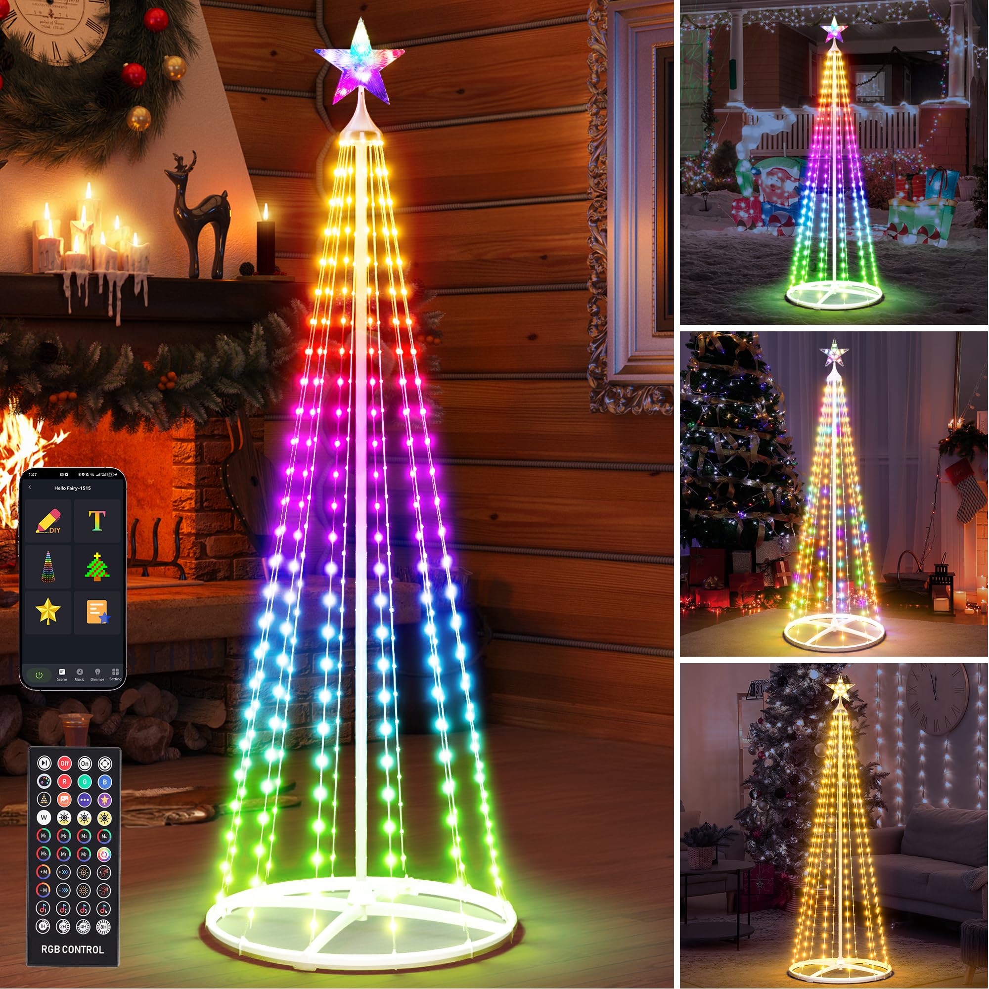 5FT Smart Cone Christmas Tree, Multicolor Prelit Outdoor Christmas Tree Lights, Music Sync, App & Remote Control, LED Light Show