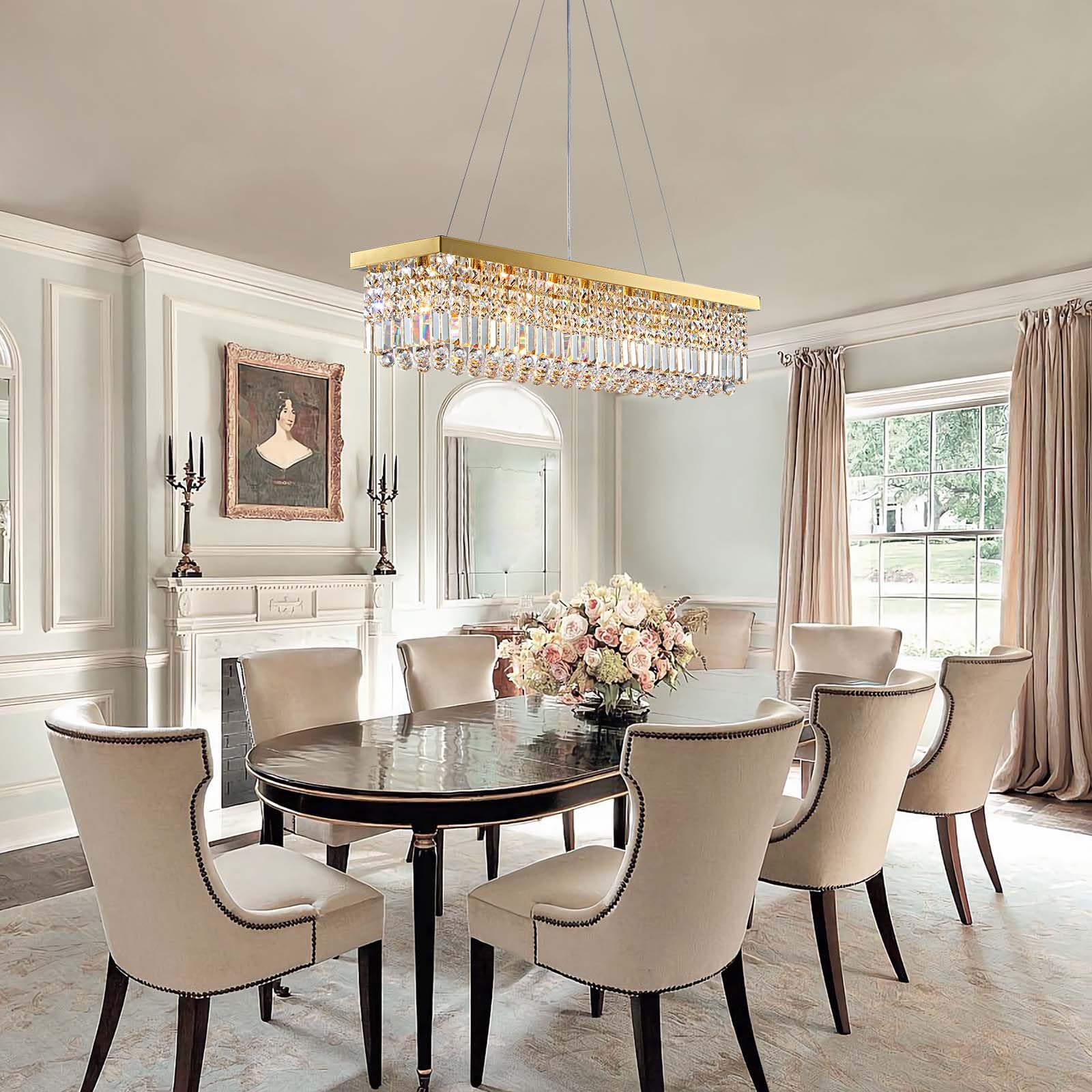 7PM Crystal Chandelier - Modern Gold Pendant Lighting Fixture, L40"xW10"xH10", Stainless Steel & Crystal for Dining Room, Model 7PM-HLP00910-FBA