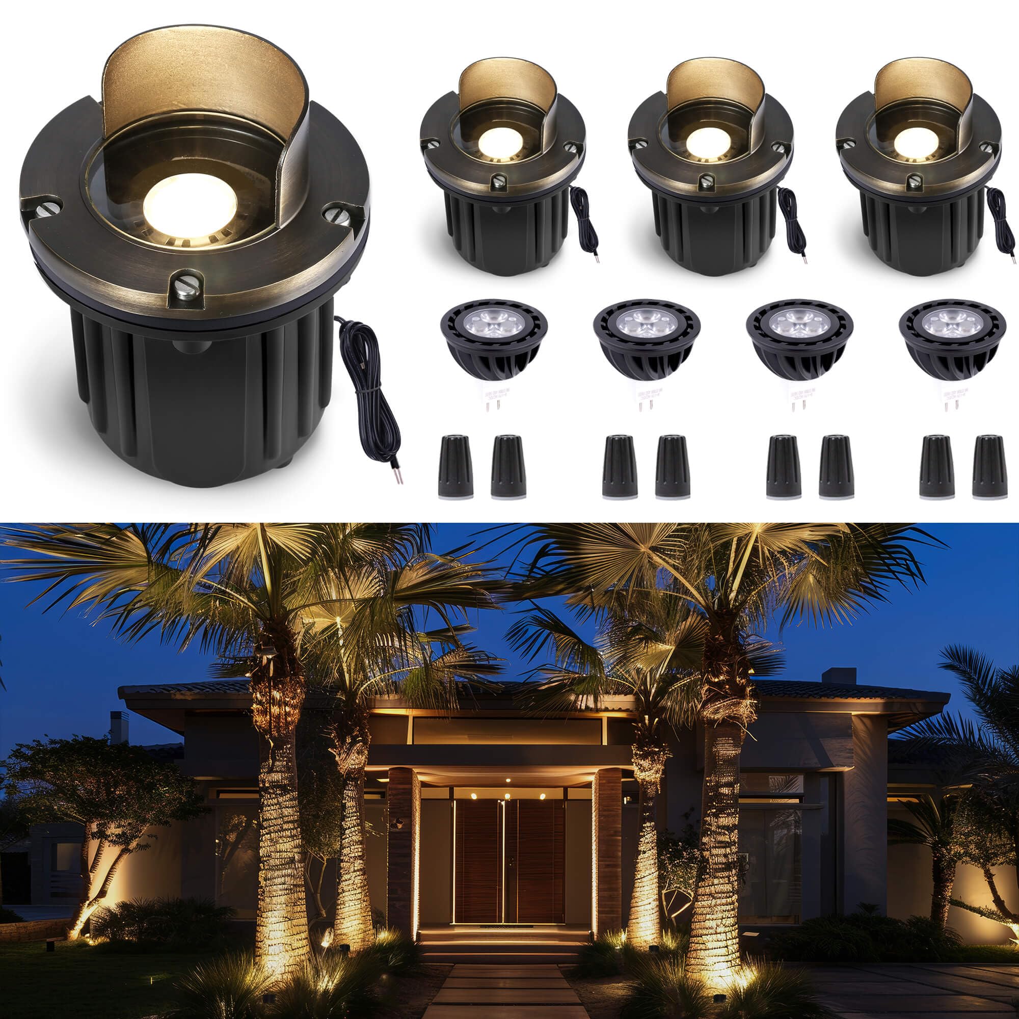 Gardenreet Outdoor Low Voltage Well Lights - Brass Replaceable Bulb Low Voltage LED In-Ground Lighting, 12V Shielded Top Fixture