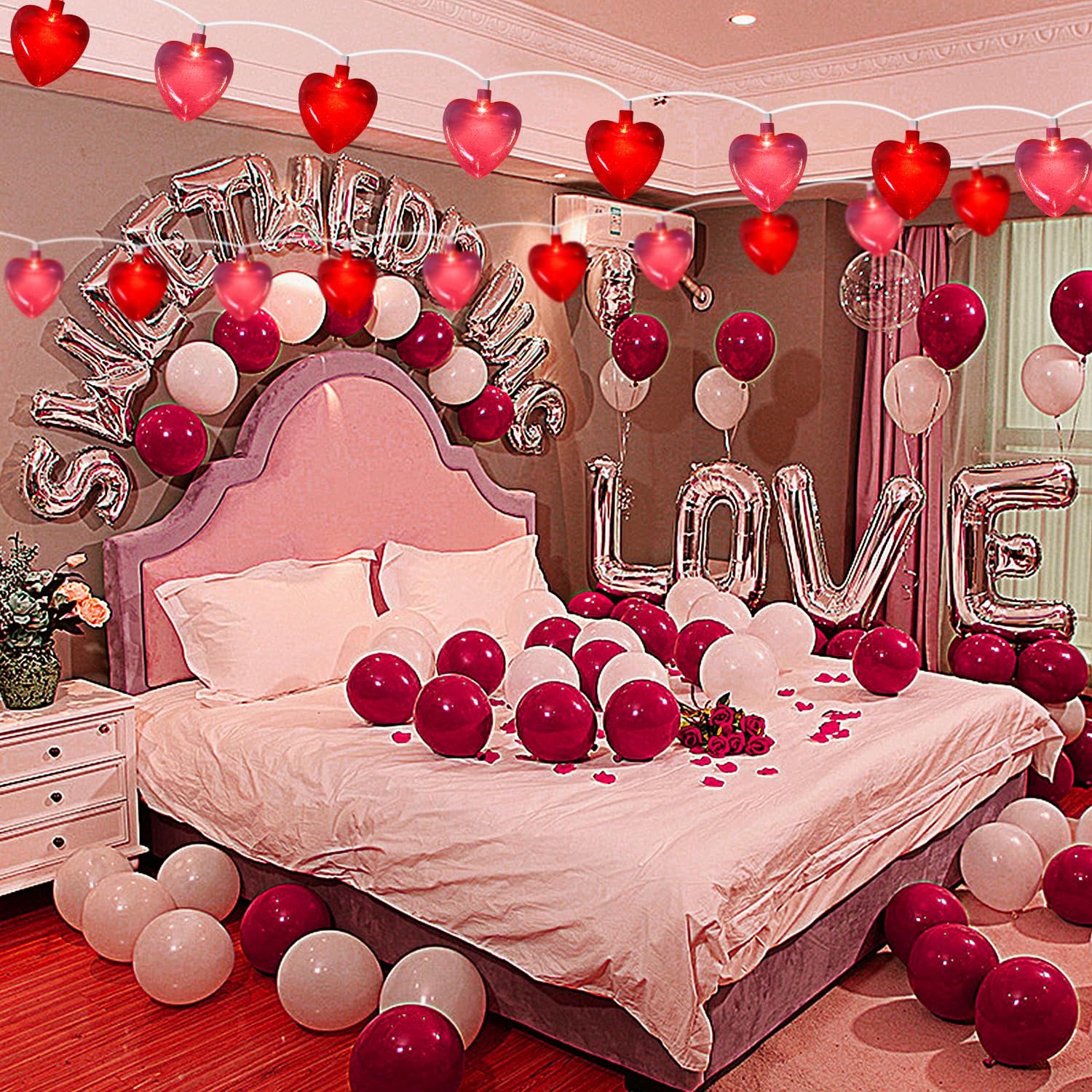 8.5Ft Red & Pink Heart String Lights, Valentine'S Day Decorations Lights With 10 Led Red Pink Glitter Heart Lights, Connectable